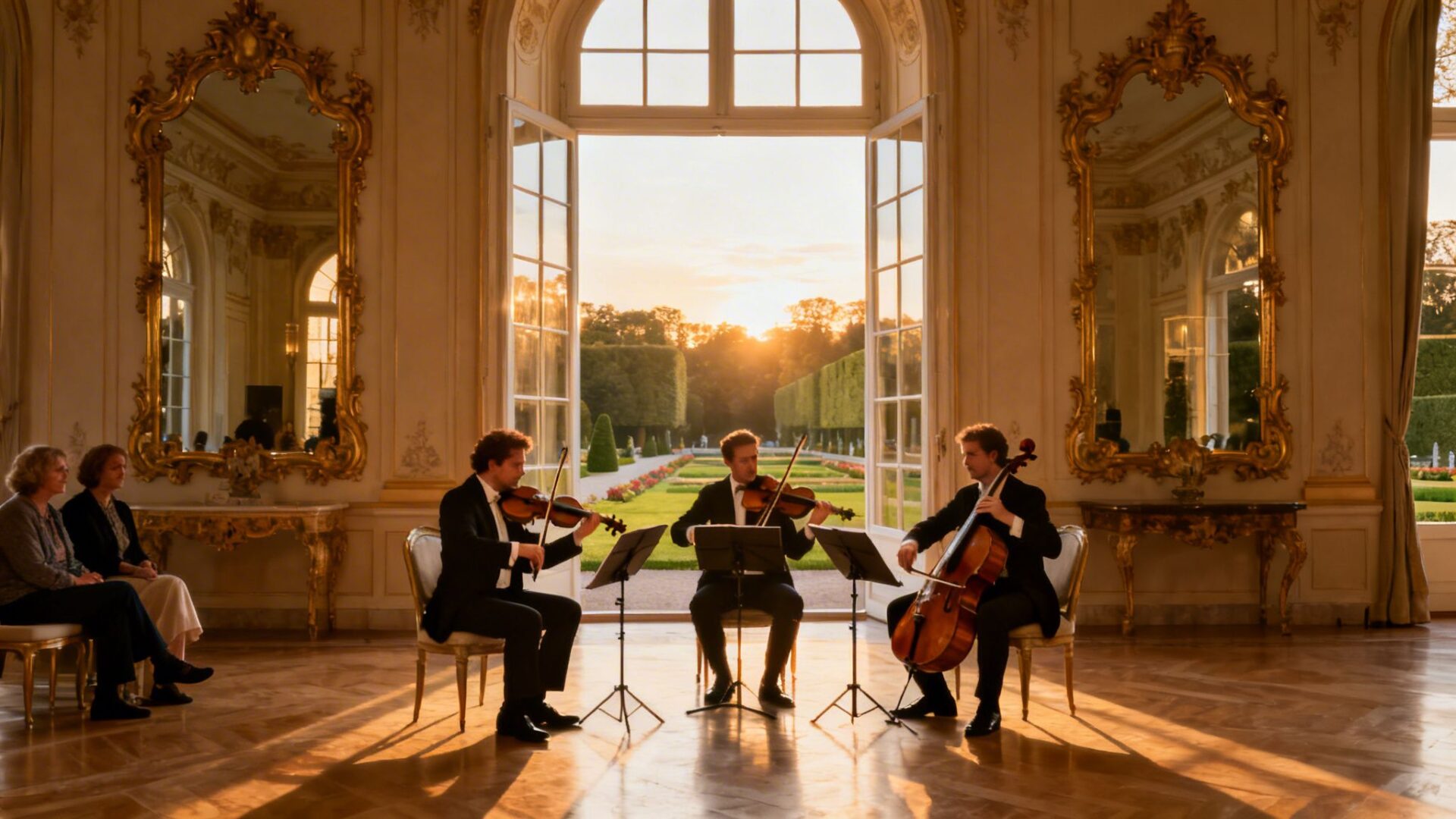 A classical music trio performs indoors at sunset with ornate mirrors and a garden view, watched by two women.