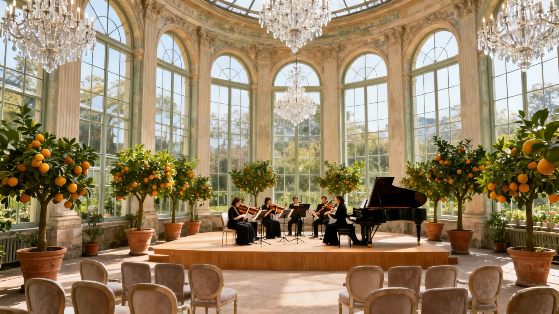 A classical music ensemble performs on stage amidst orange trees in a beautiful conservatory.