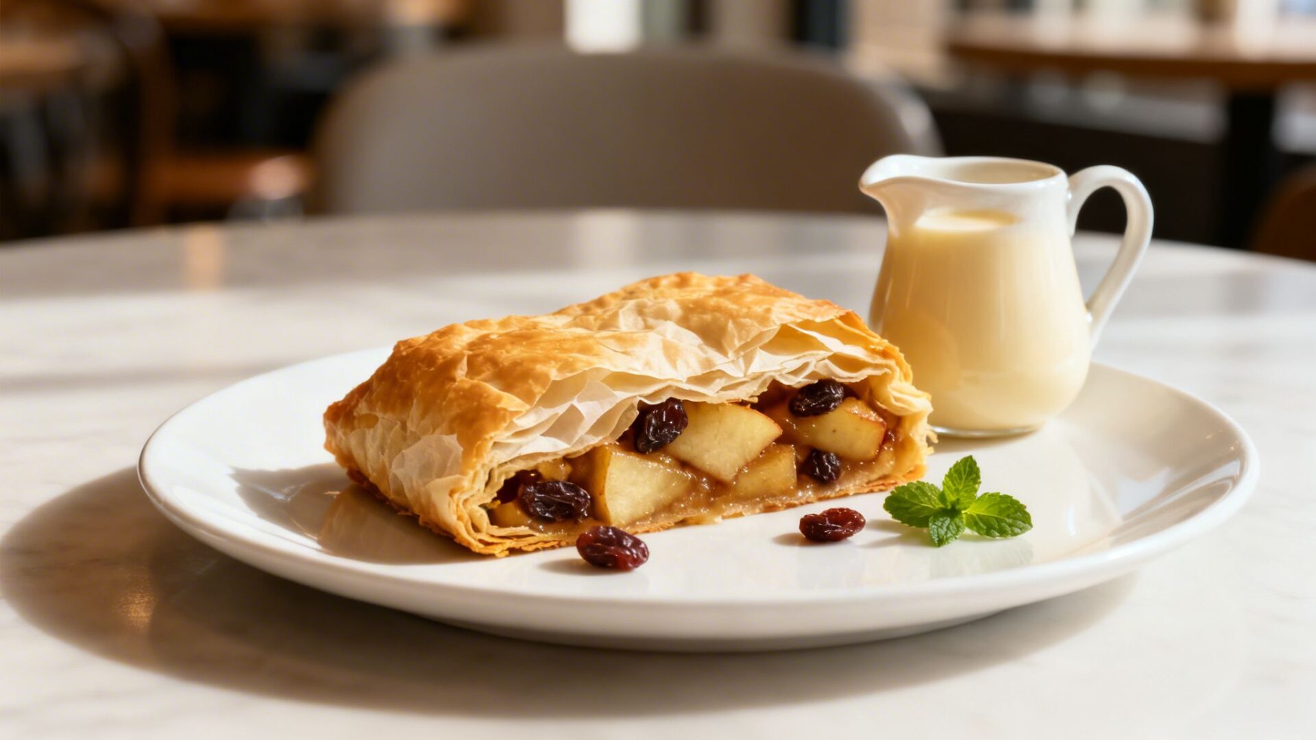A slice of golden apple strudel filled with apples and raisins, served with cream and mint.
