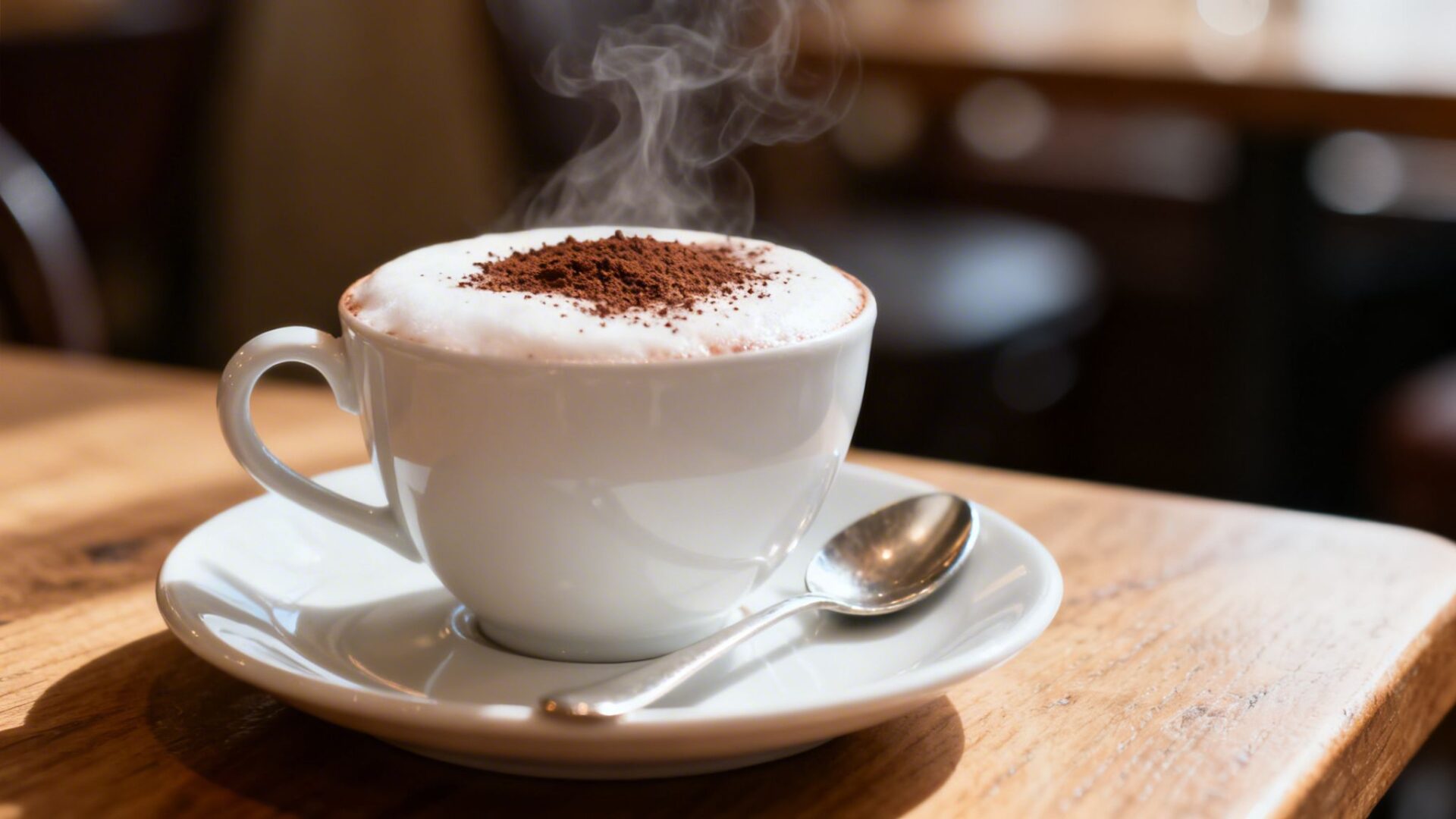 A steaming hot cappuccino with frothy milk and cocoa powder on a wooden table.