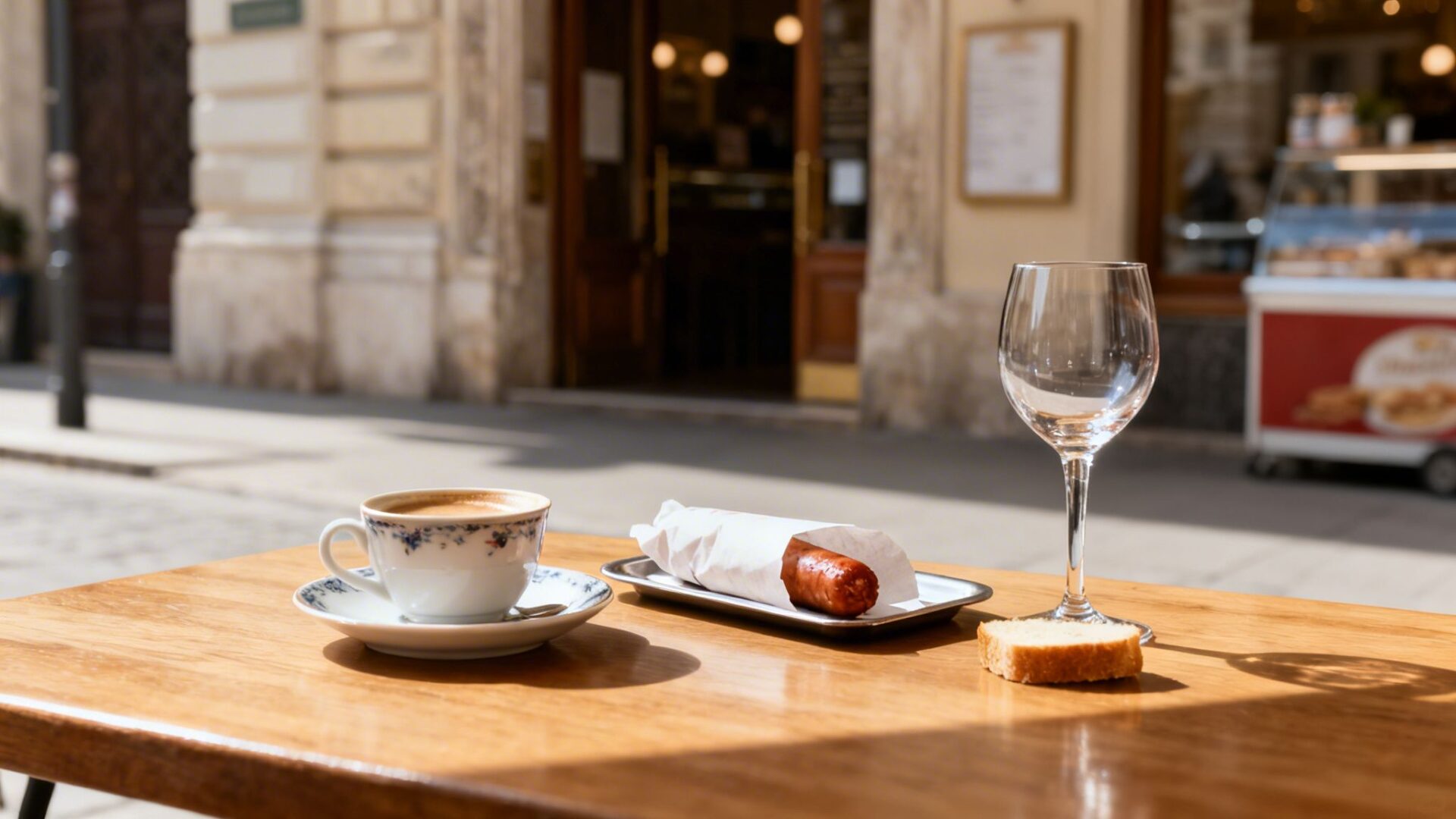 Coffee, a sausage, bread, and an empty wine glass on a wooden table at an outdoor cafe.