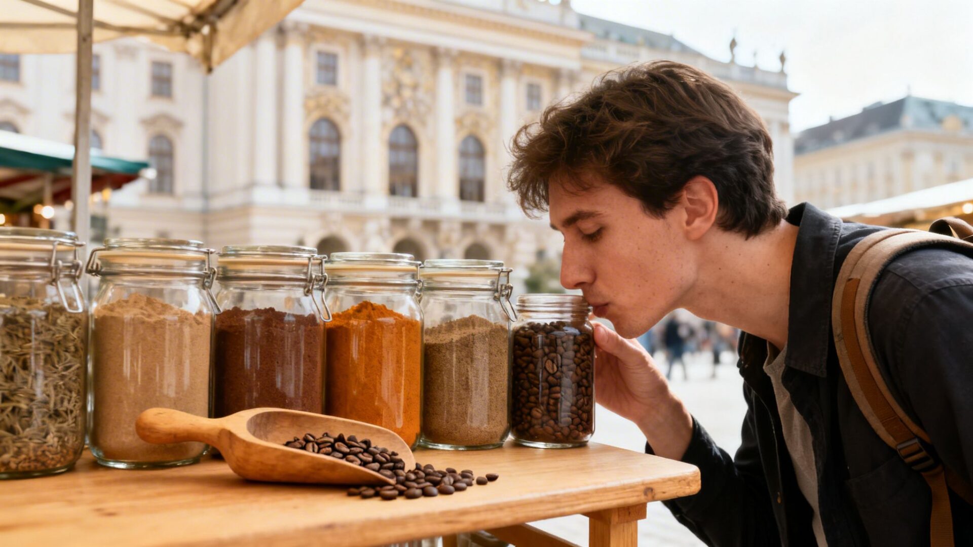 Young man smells fresh coffee beans from a jar at an outdoor market stall.