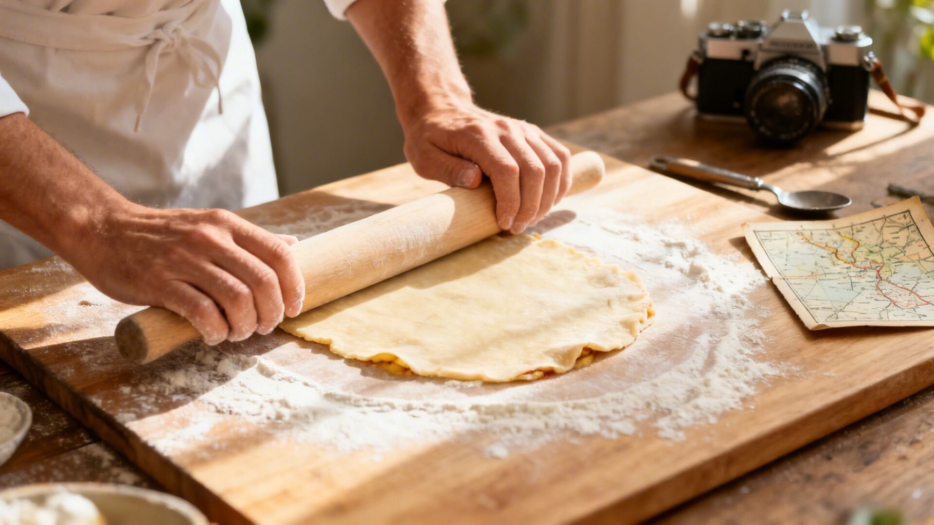 Close-up of a person's hands using a wooden rolling pin to flatten dough on a floured board.