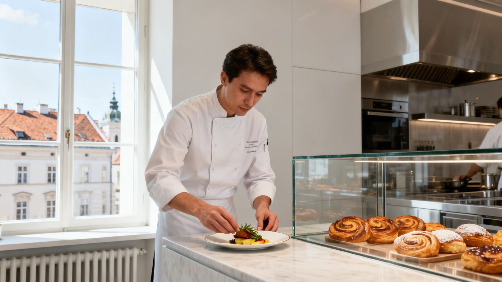 A chef meticulously garnishes a dish in a modern pastry kitchen overlooking a historic city.
