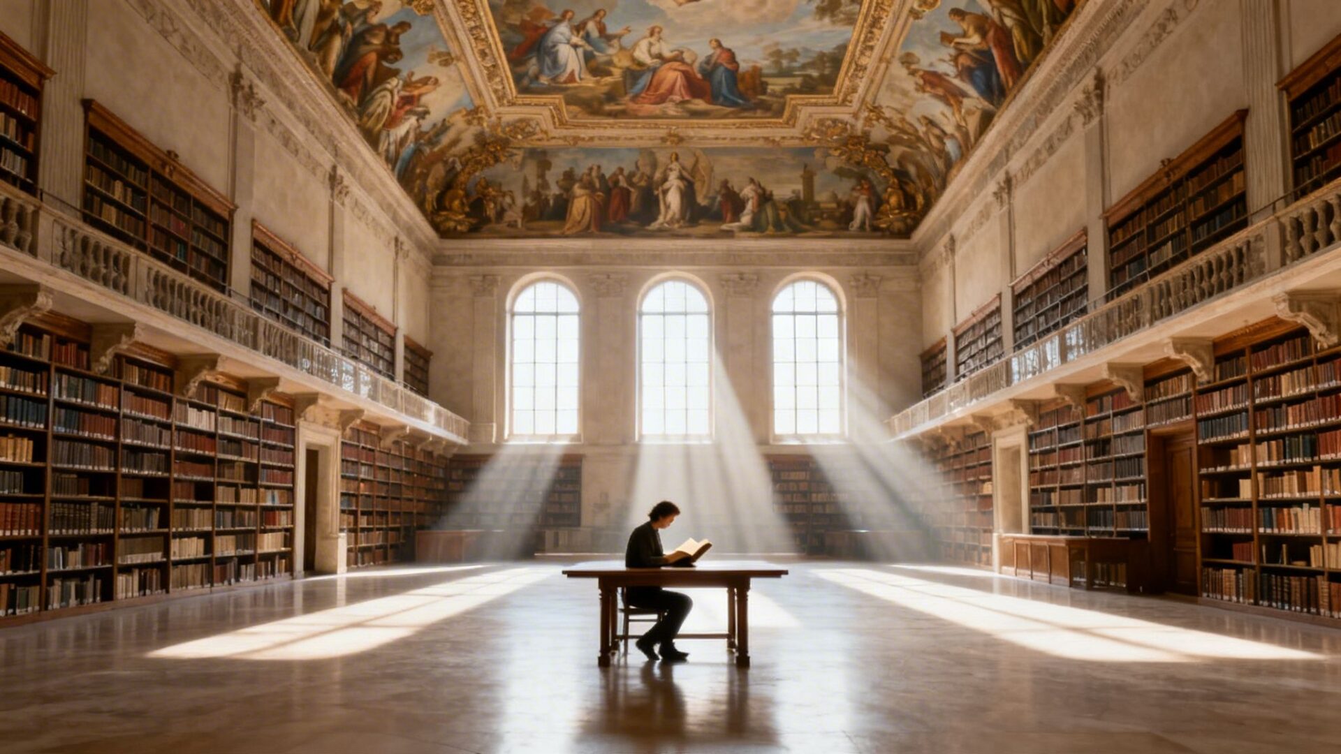 Sunlight streams into a vast, ornate library where a person is engrossed in reading a book.