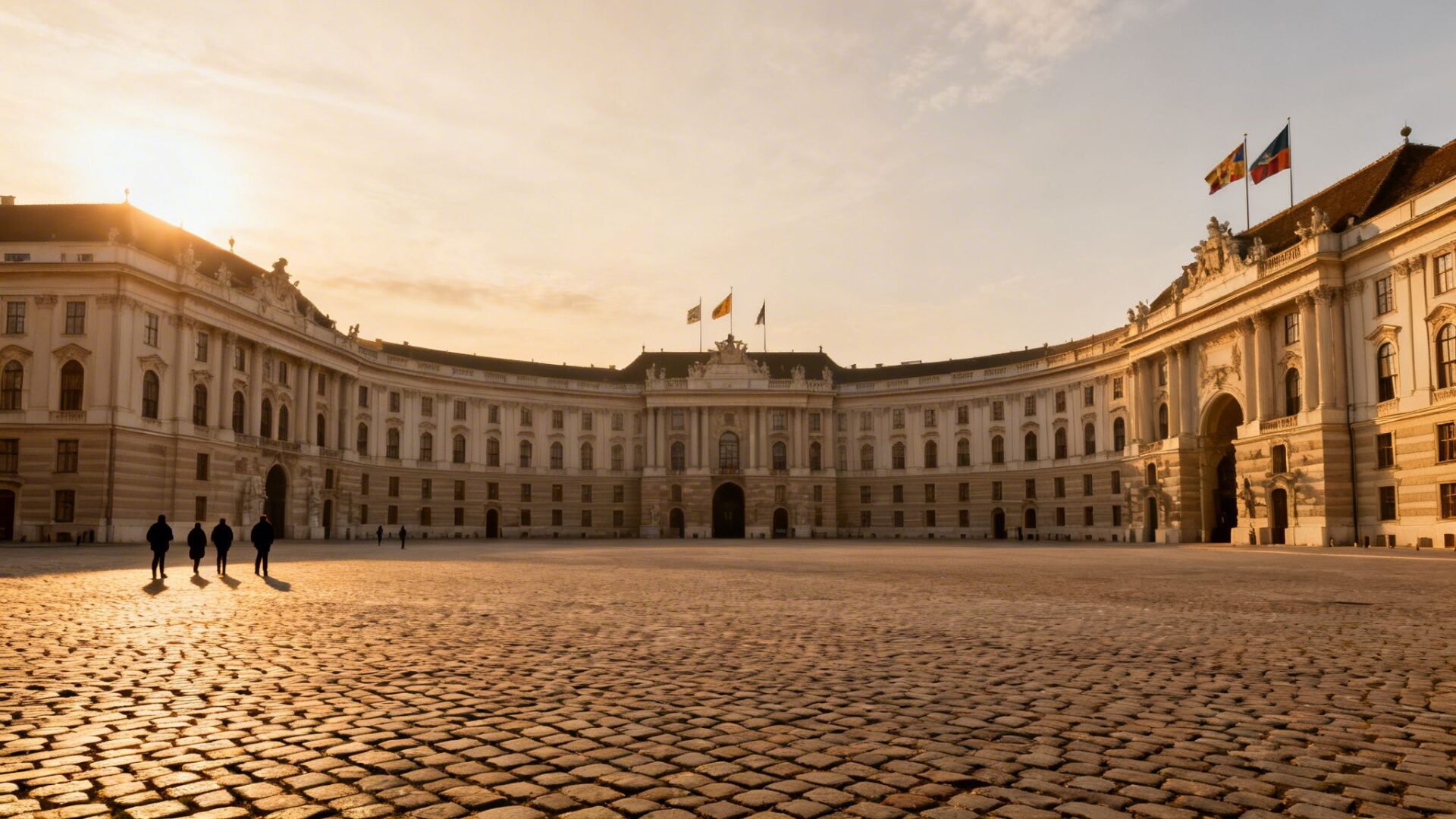 Golden hour at Hofburg Palace, Vienna, with a grand curved facade and people on a cobbled courtyard.
