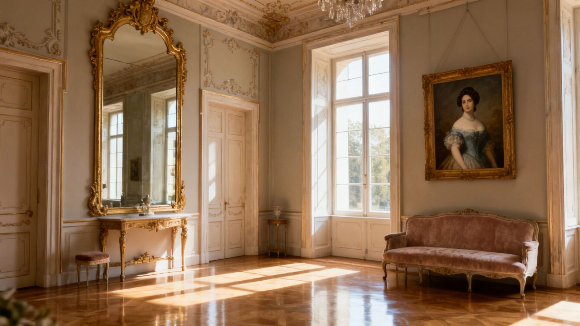 Ornate hall with a large gilded mirror, portrait painting, and pink velvet sofa bathed in sunlight.