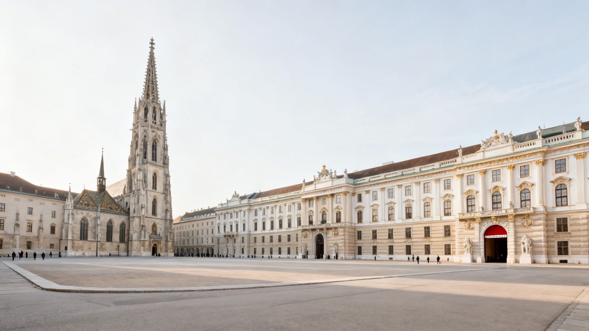 Panoramic view of the Hofburg Palace and St. Michael's Church in Vienna's Michaelerplatz.