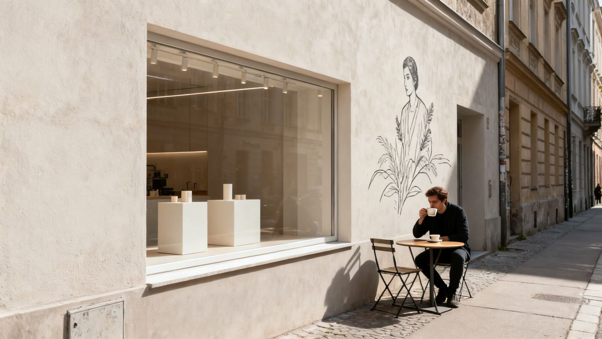 A man sips coffee at an outdoor cafe table on a sunny street with a window display and mural.