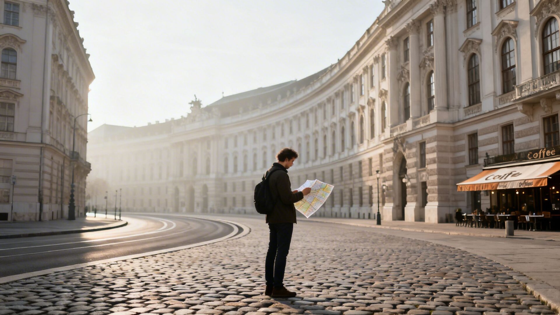 A male tourist with a backpack reads a map on a cobblestone street in Vienna, Austria.