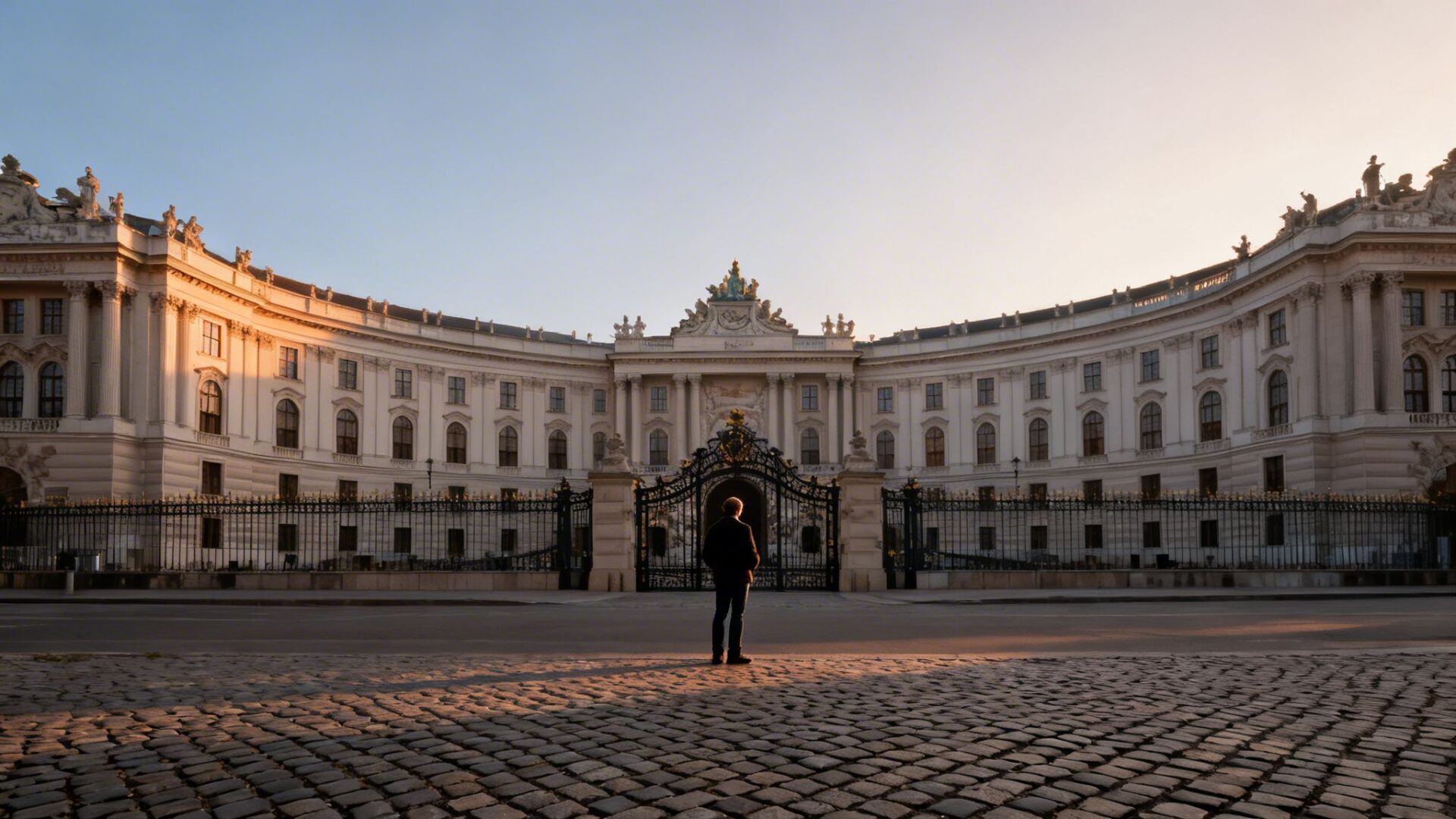 Sunrise illuminates a historic curved palace with a person standing on cobblestones in Vienna.