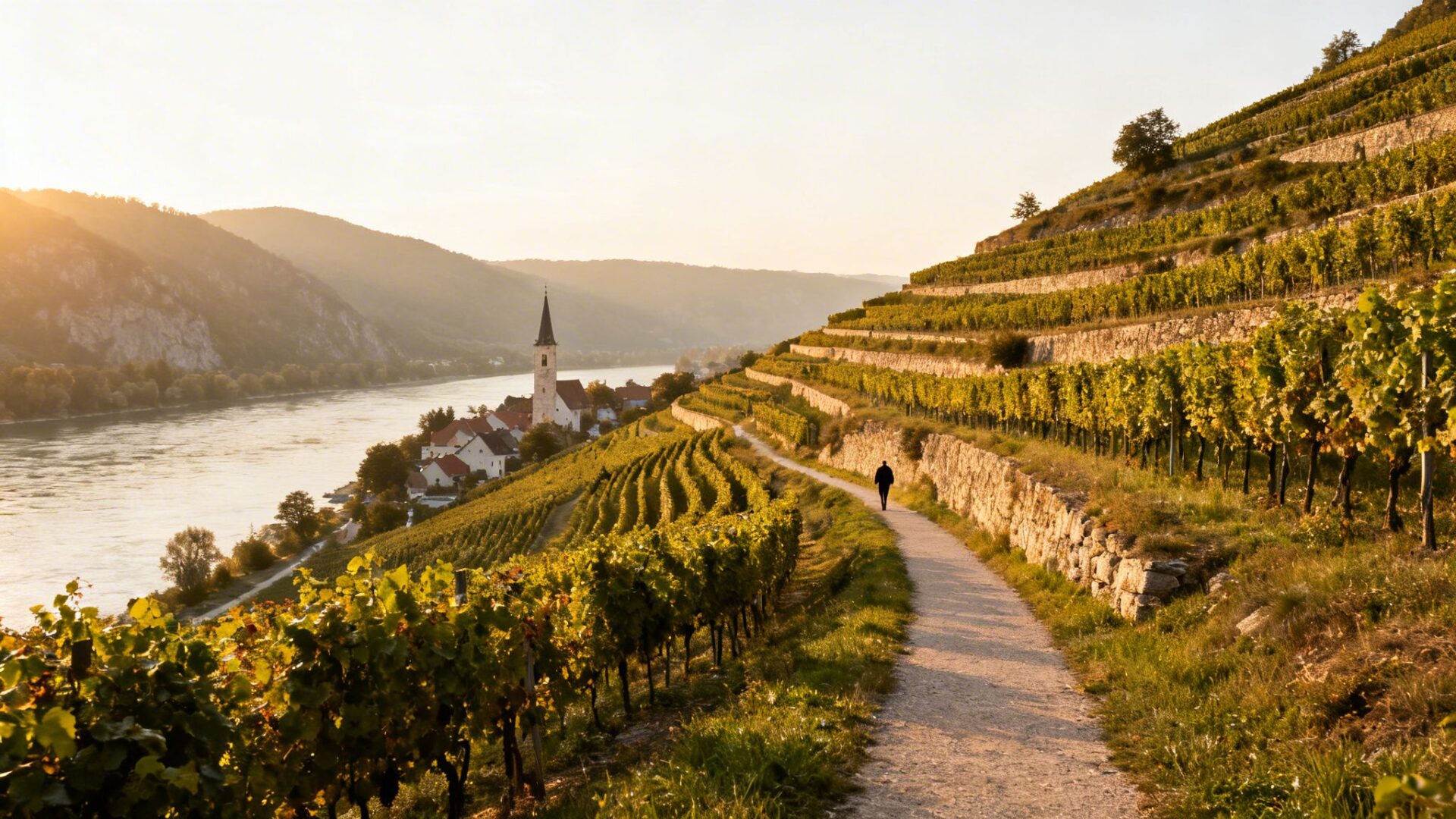 A person walks on a path through golden terraced vineyards overlooking a river and village at sunset.