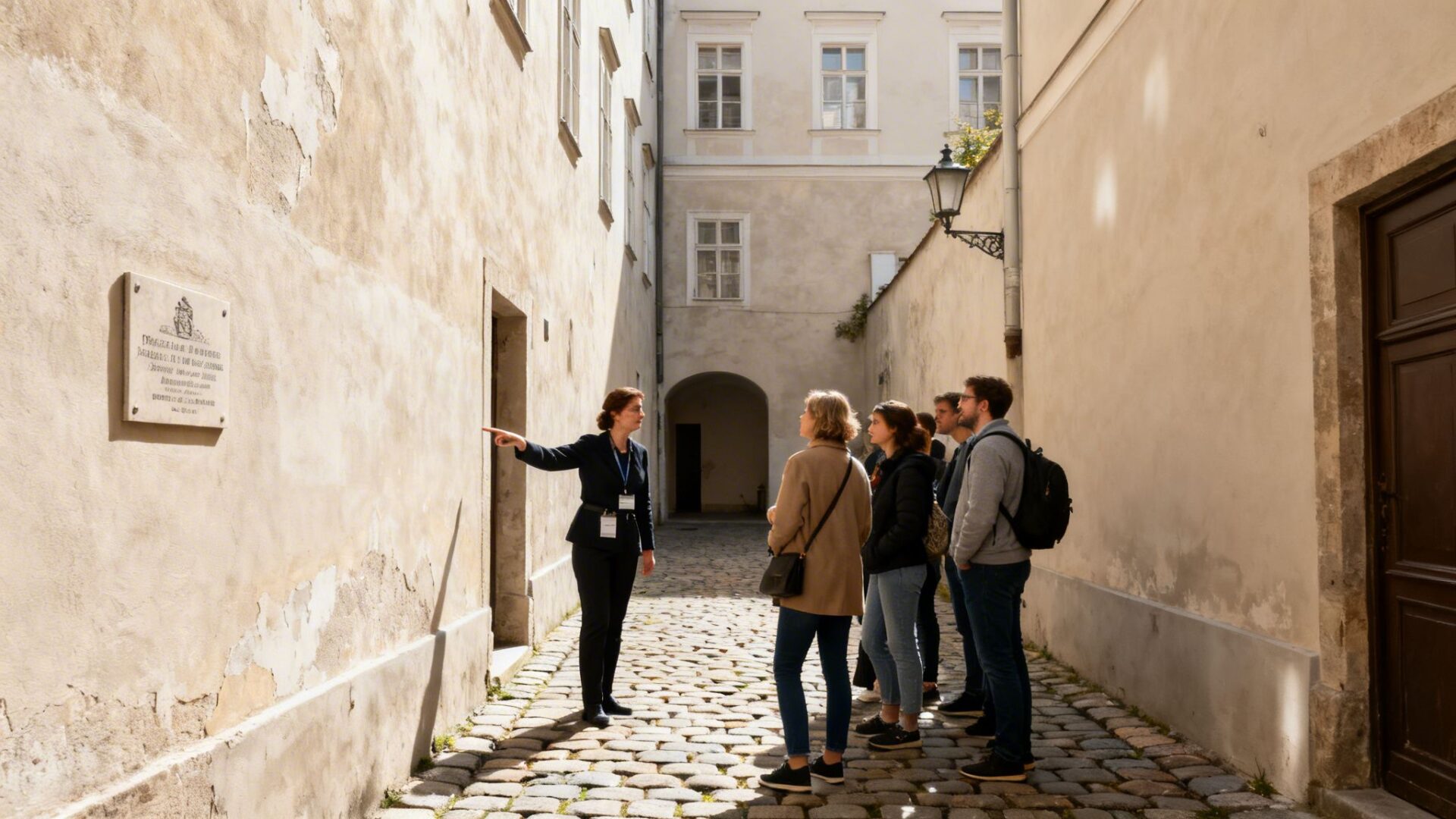 A tour guide points to a historical plaque on a wall for a group in a narrow, cobblestone alley.