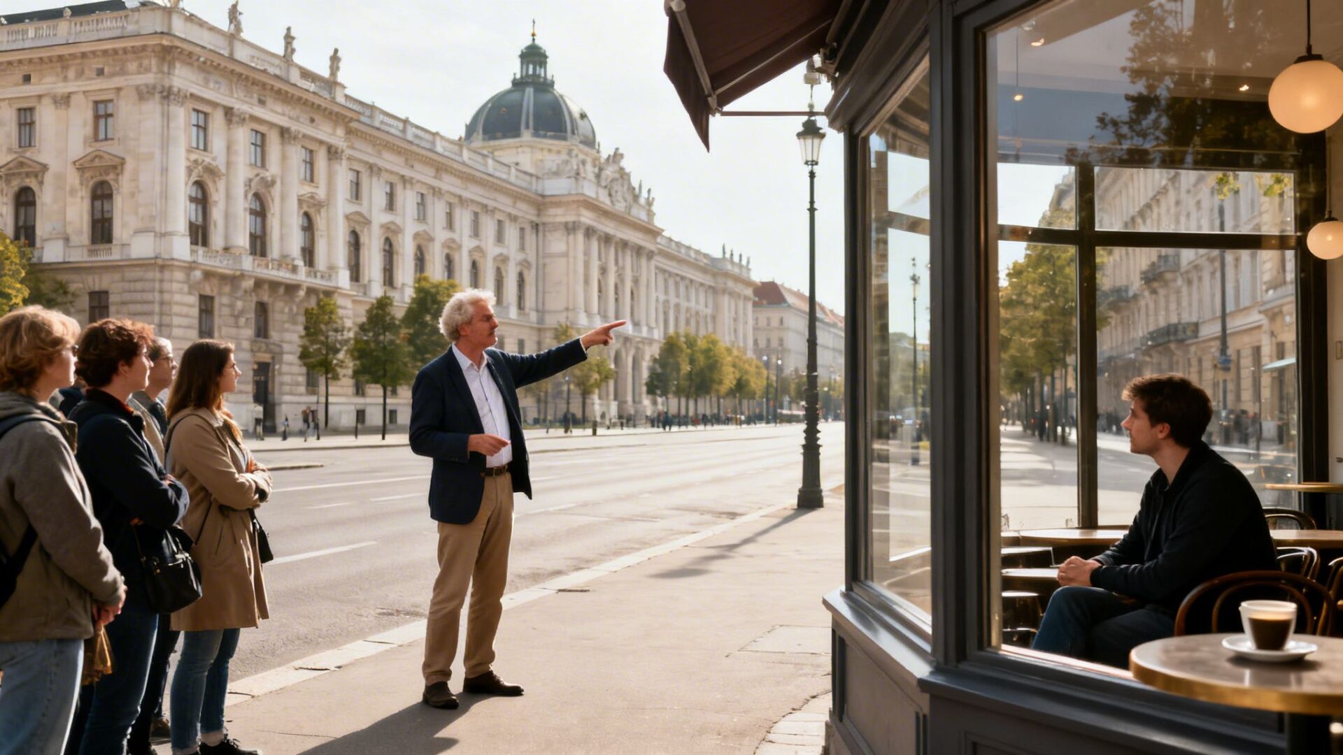 A tour guide points to a historical building while a group listens, and a man sips coffee in a cafe.