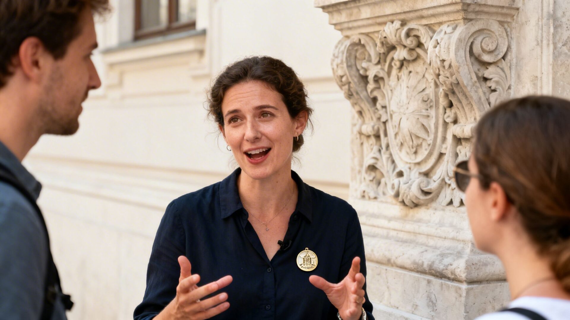 A female tour guide speaks animatedly to a small group in front of a historic building.