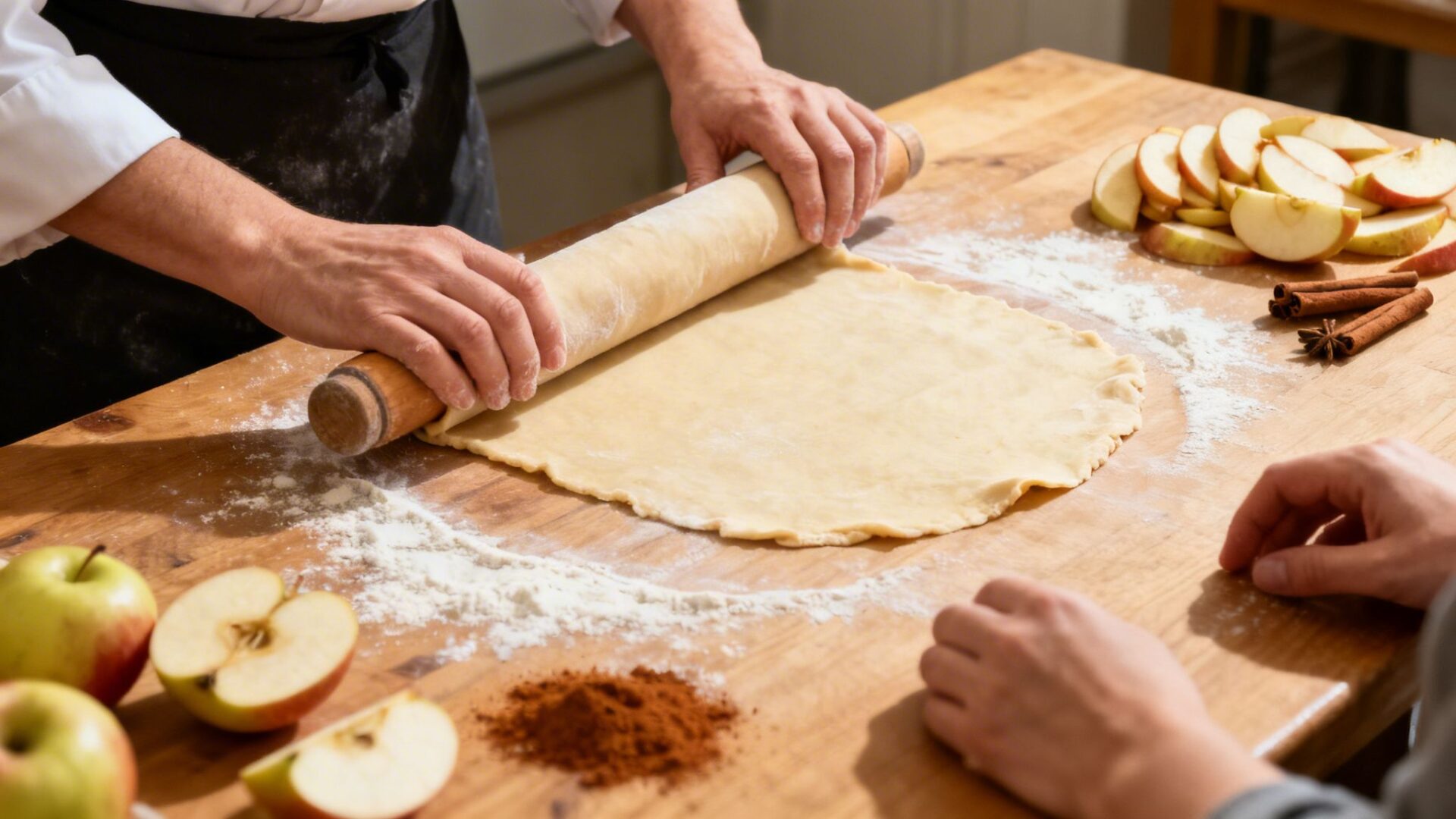 Hands rolling out pie dough on a wooden table, surrounded by apples and baking spices.