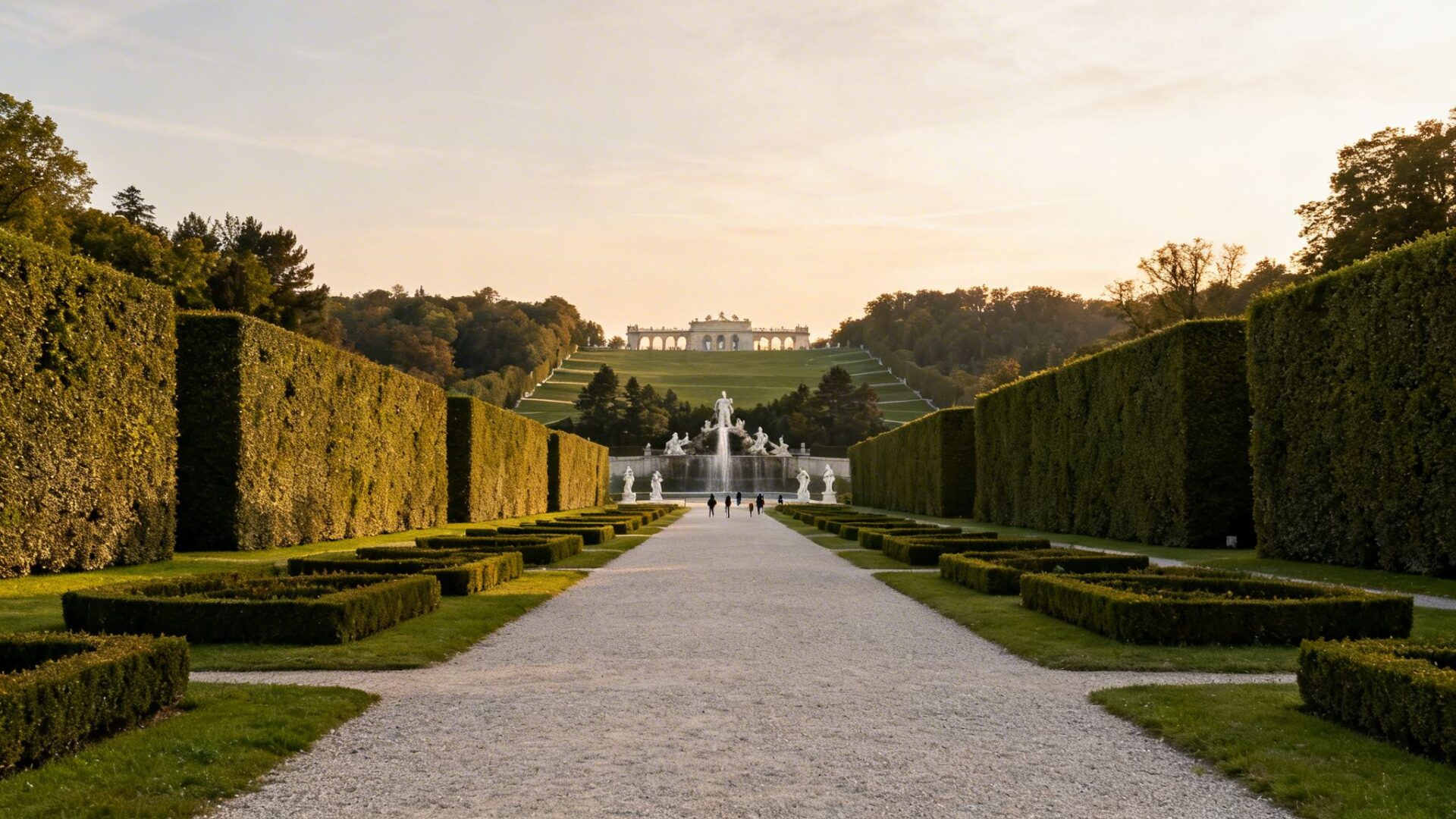 Beautiful Schönbrunn Palace gardens at sunset, with ornate fountains and a majestic building.