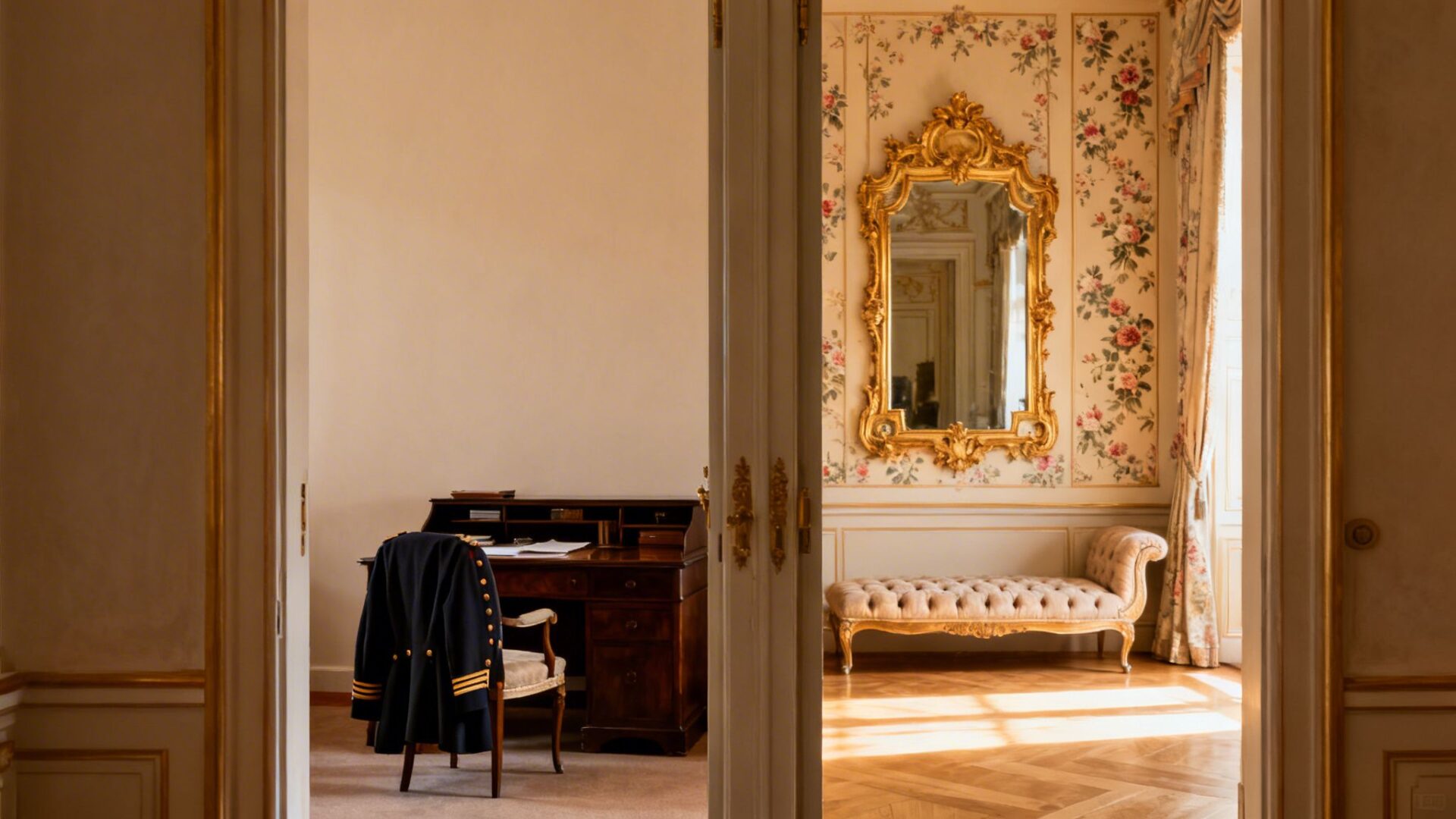 An open doorway separates two elegant rooms, one with a desk and uniform, the other with a mirror and chaise lounge.