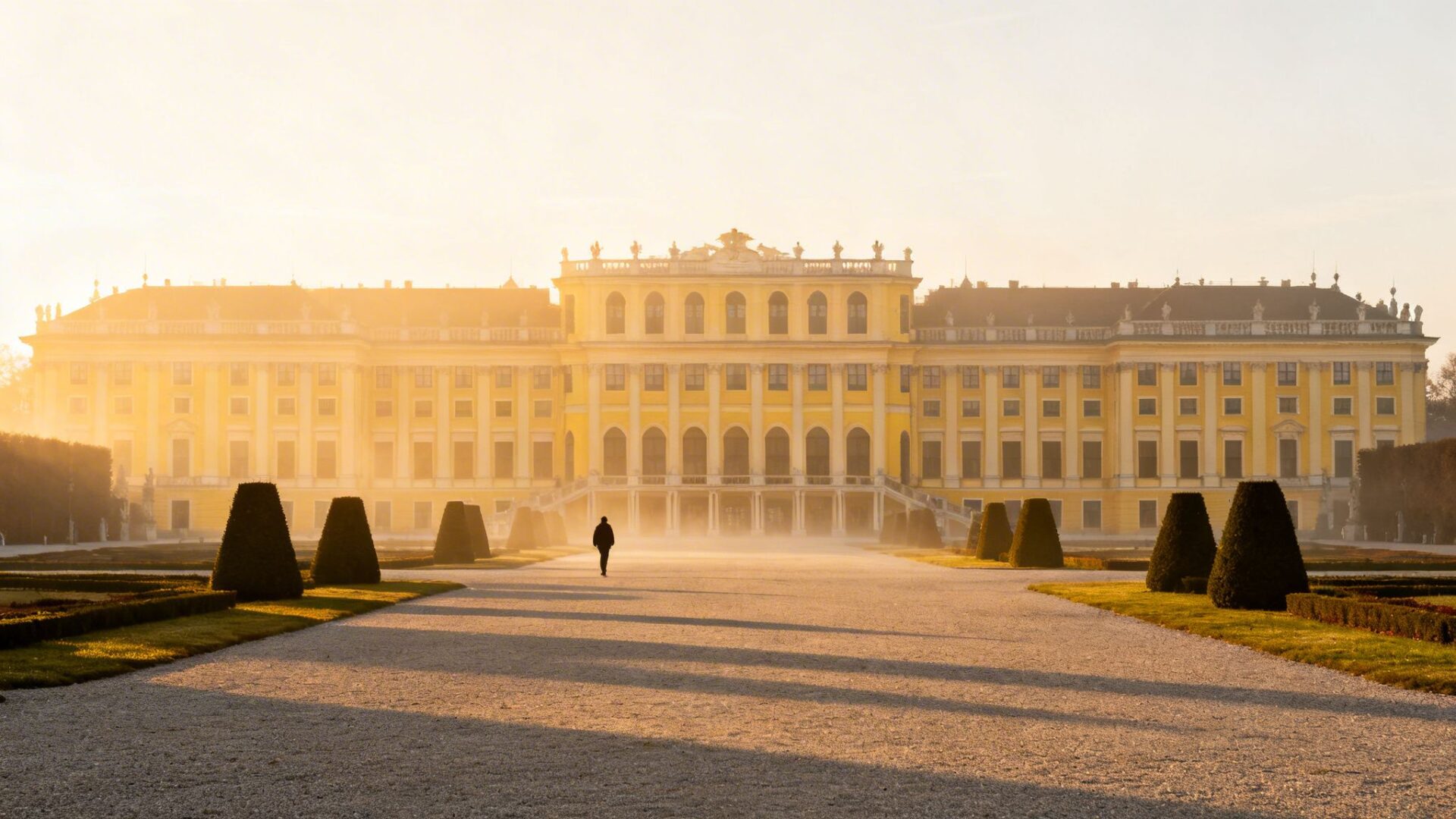 A person walks on a gravel path towards Schönbrunn Palace bathed in golden morning light and mist.