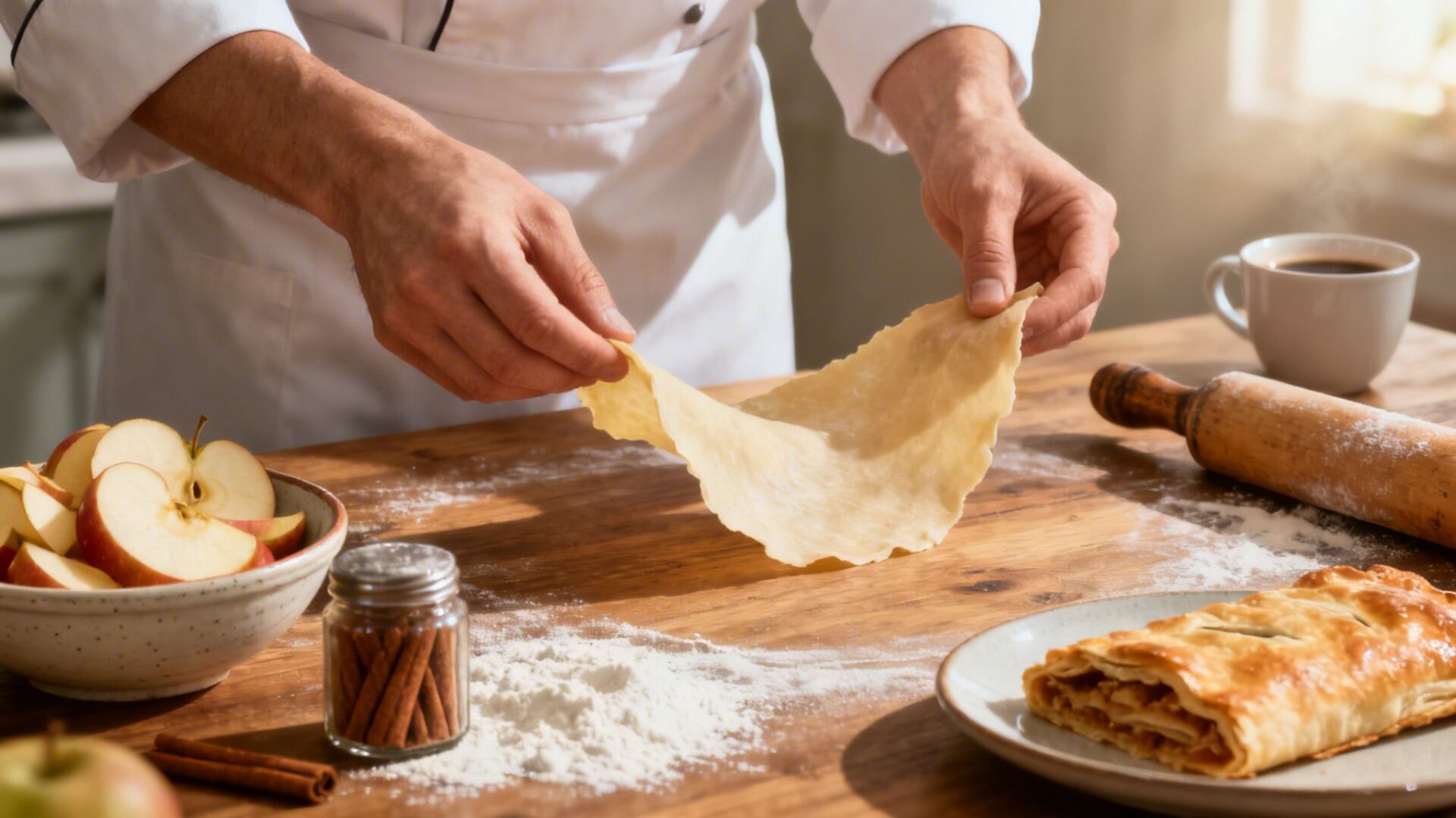 A baker's hands gently stretching dough for a delicious apple strudel on a rustic wooden table.