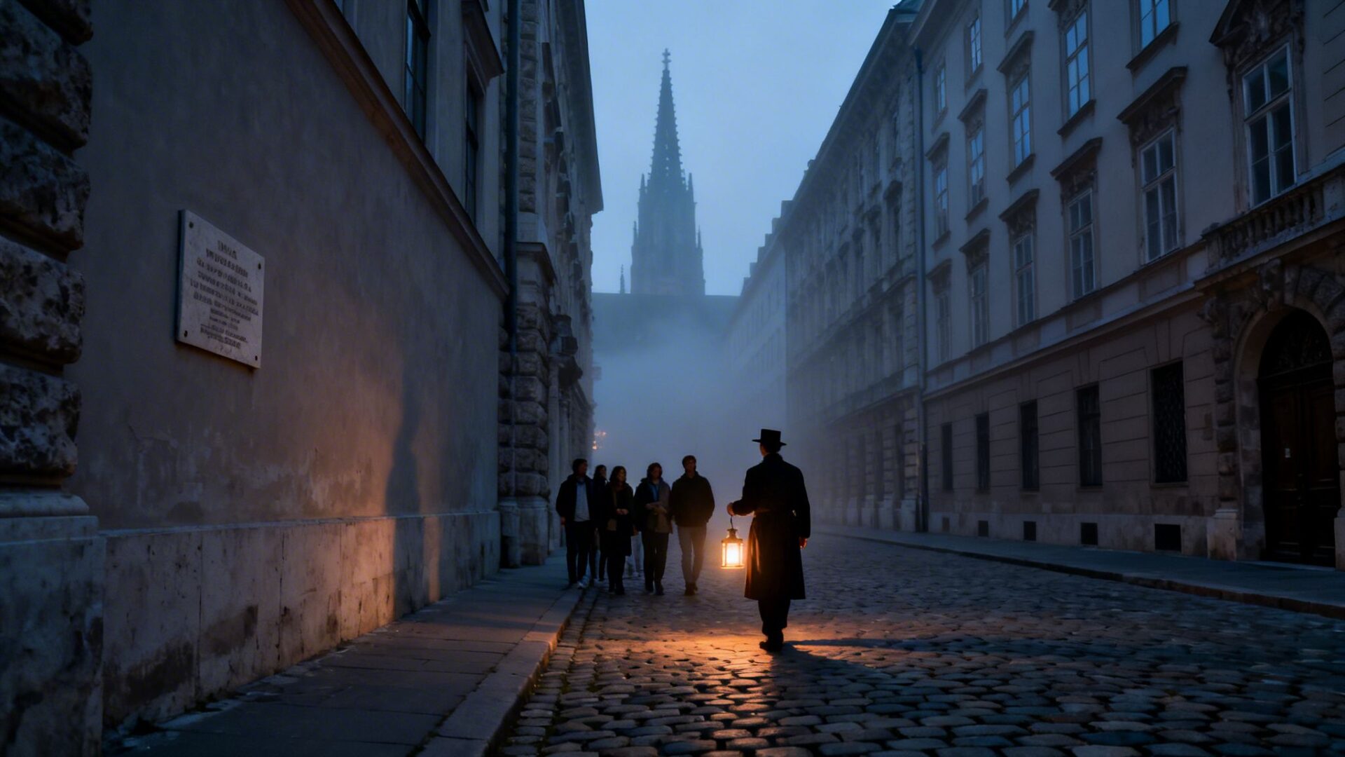 A top-hatted guide with a glowing lantern leads a group down a mysterious, foggy cobblestone street.