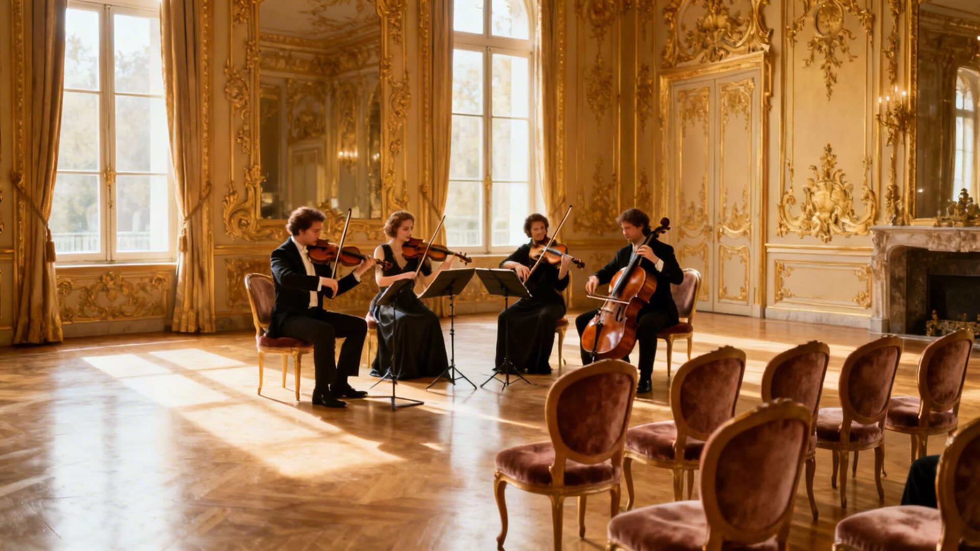 A string quartet plays in a lavish, gold-adorned hall with tall windows and empty chairs.