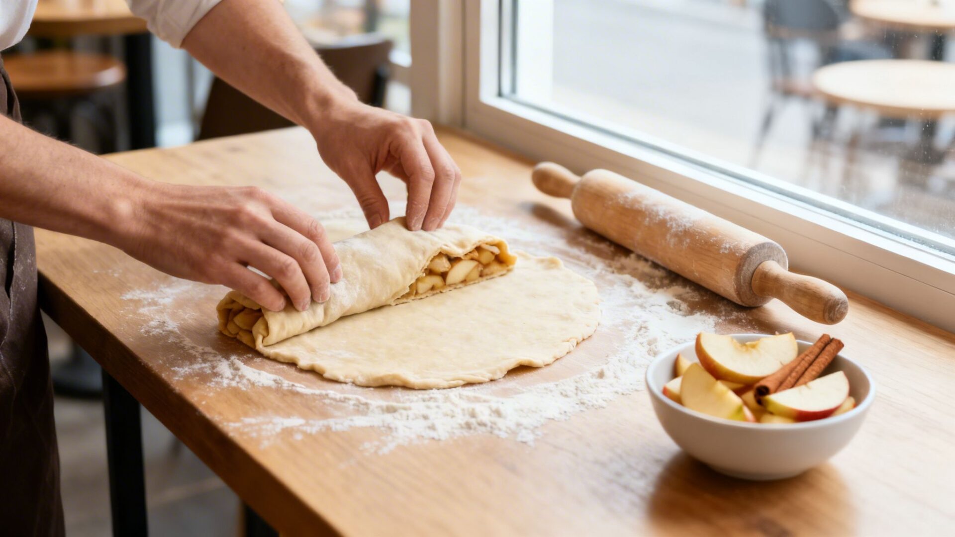 Hands rolling a pastry dough filled with sliced apples and cinnamon on a wooden table.