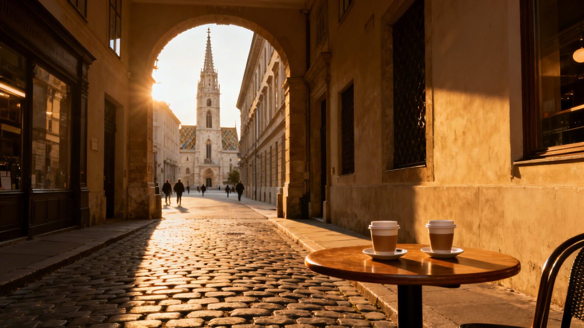 Sunrise on a historic European cobblestone street with a church, people, and coffee cups.