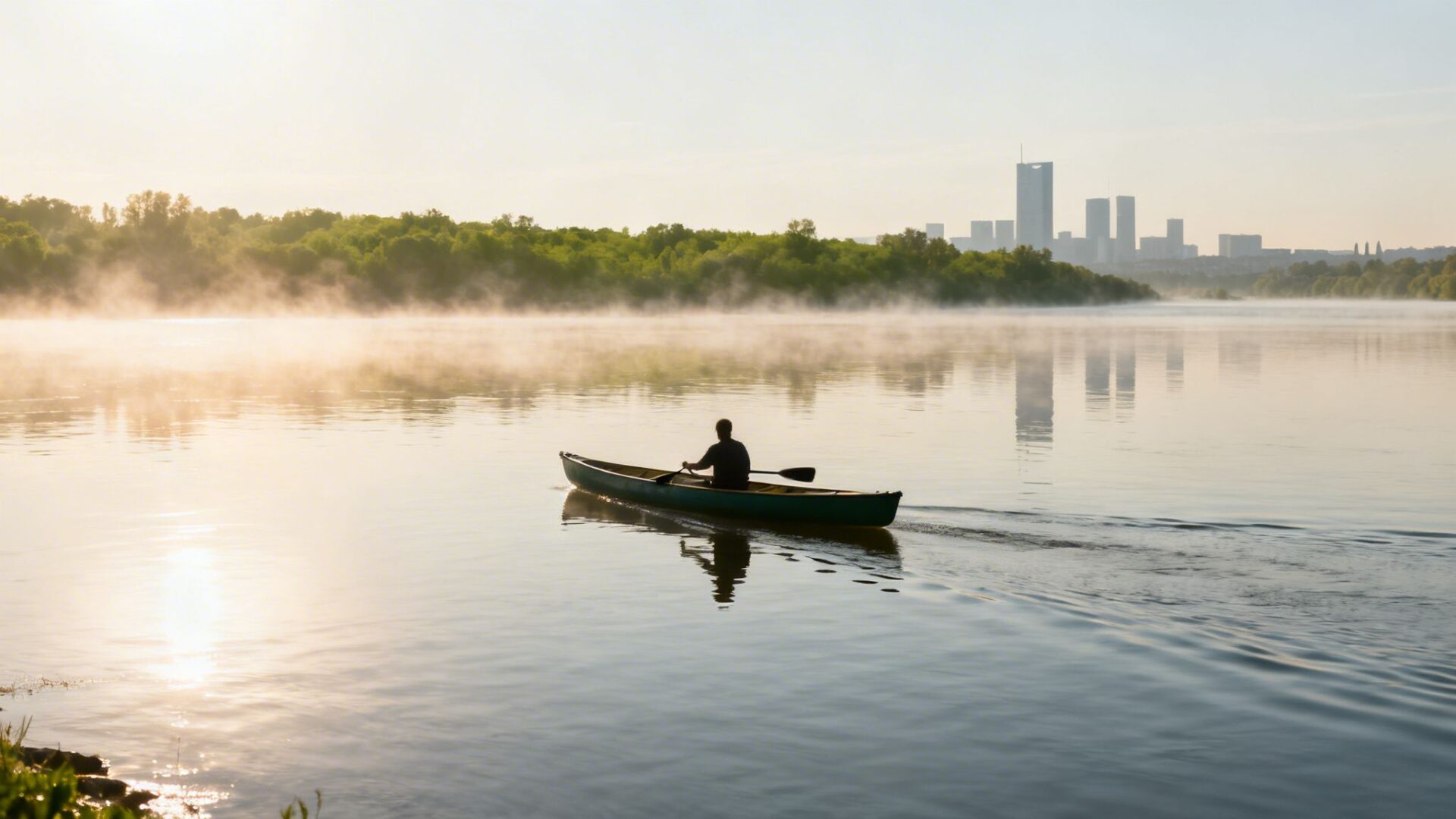 A person in a canoe paddles on a misty river at sunrise, with a city skyline reflected.