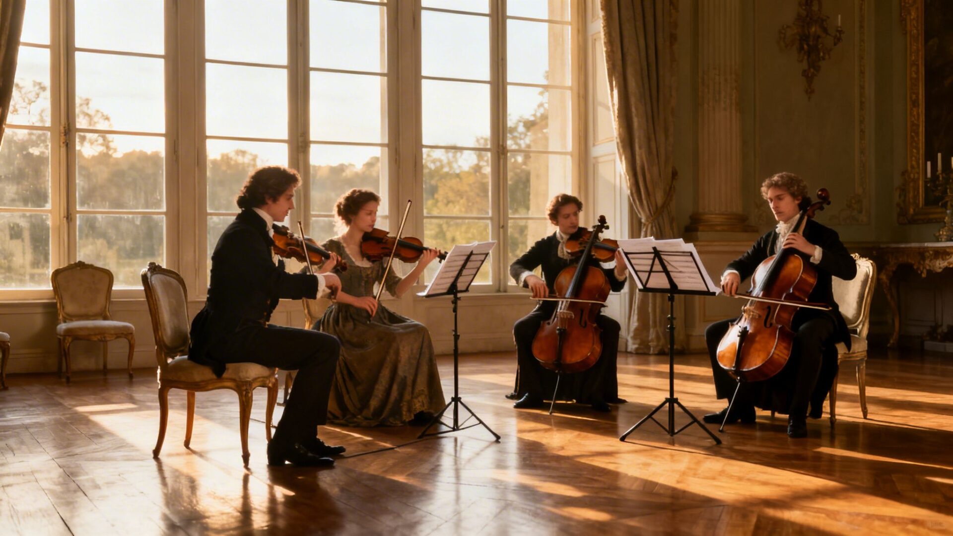 A string quartet performs classical music in a grand, sunlit room with large windows.