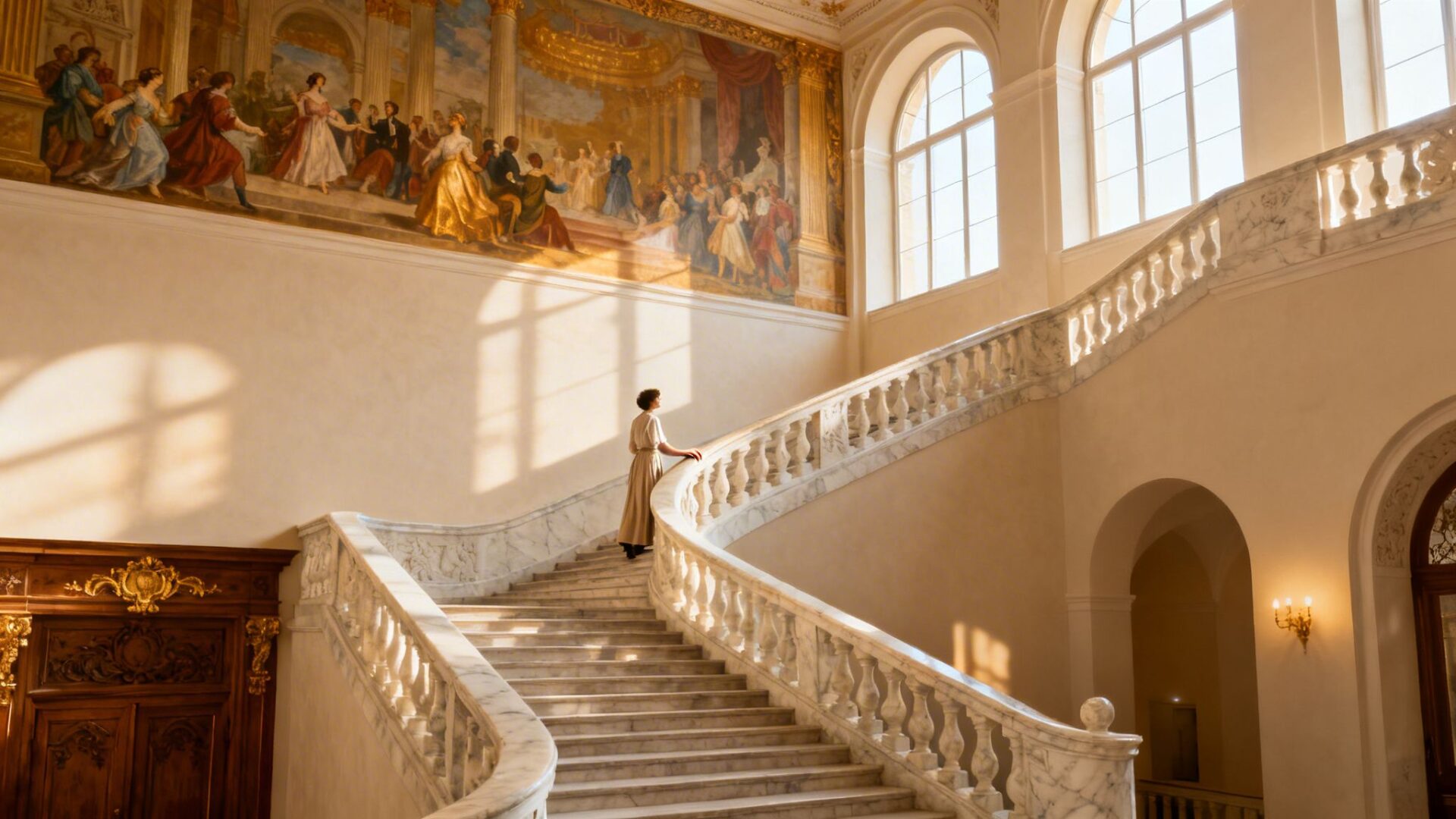 Elegant woman ascends a grand, sunlit marble staircase beneath a historical mural.
