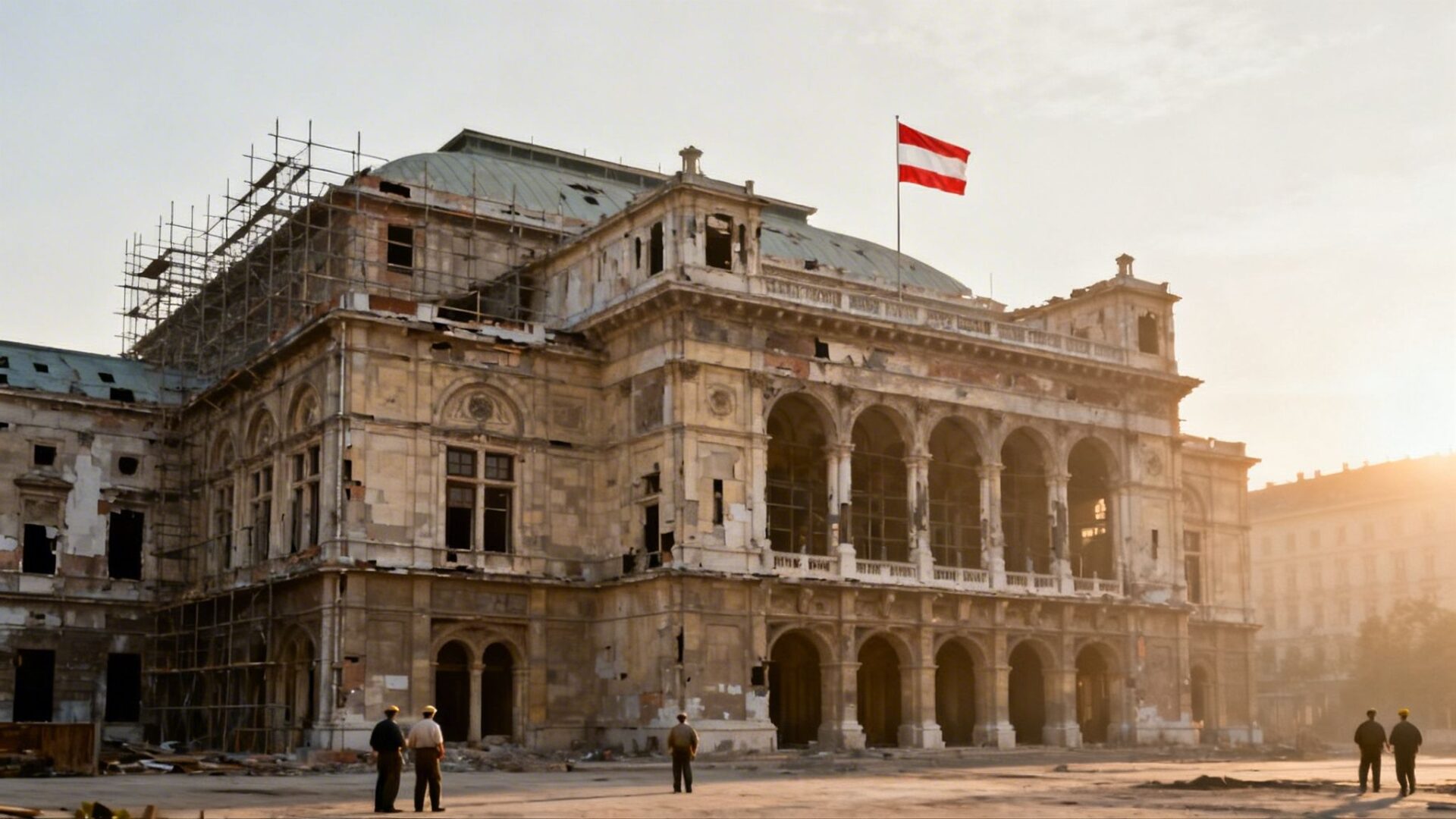 Dilapidated Vienna State Opera building under reconstruction with scaffolding and an Austrian flag flying.