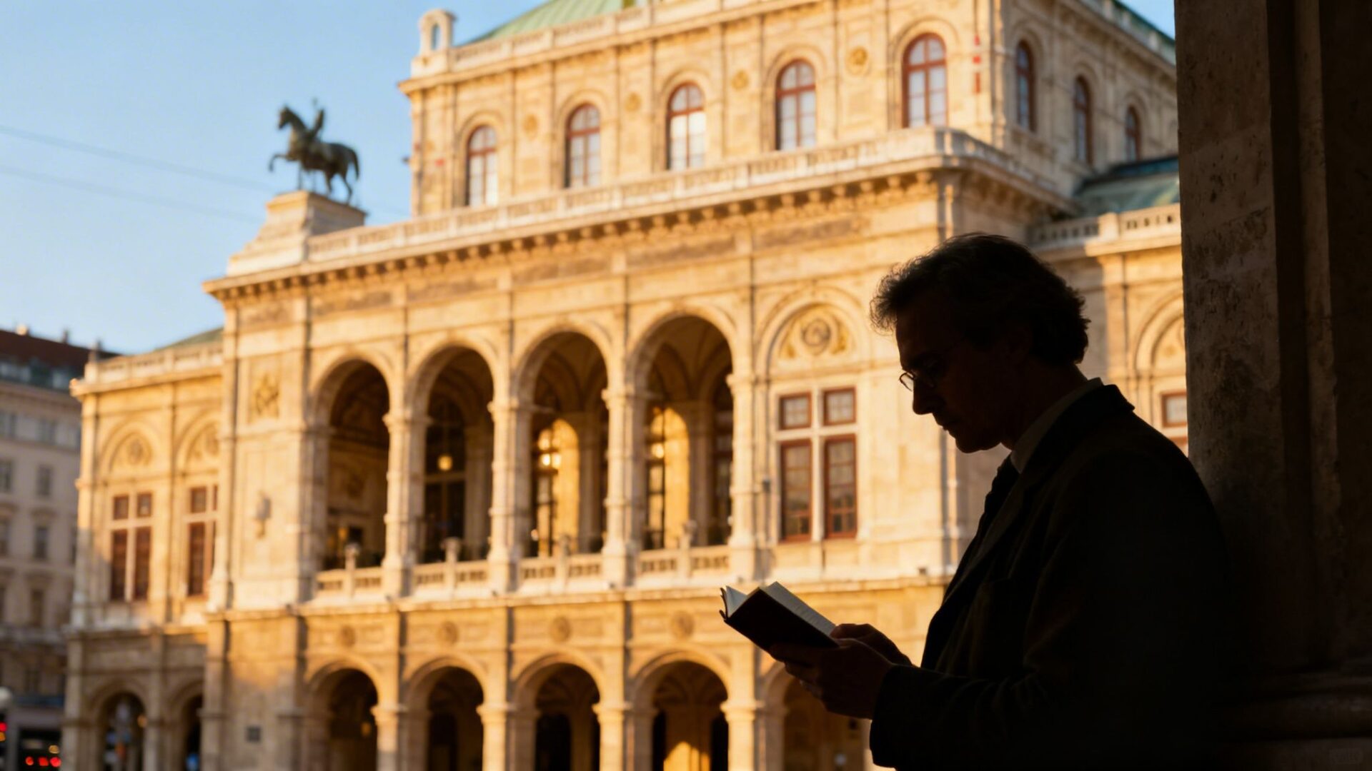 Silhouetted man with glasses reading a book outside the grand Vienna State Opera building.