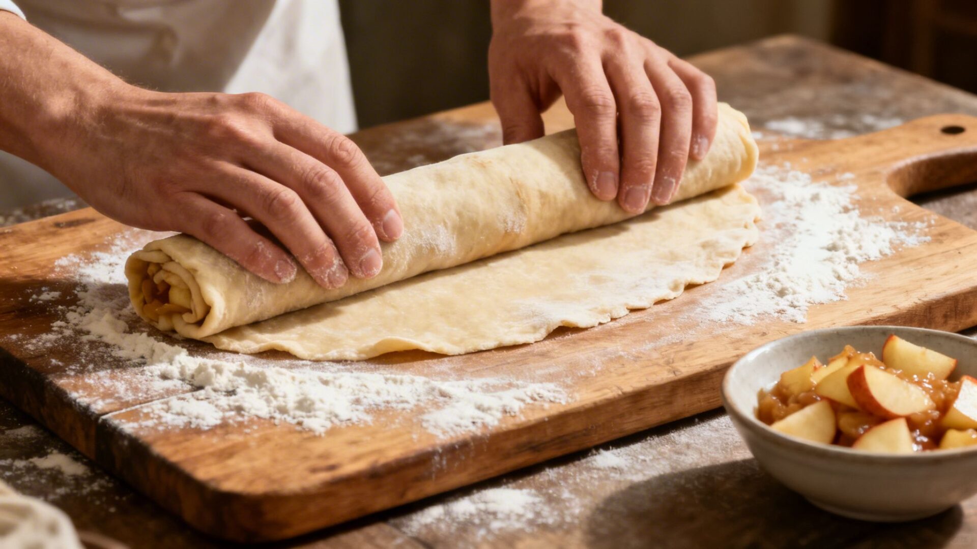 Close-up of hands rolling apple strudel dough on a floured wooden board, with cut apples.