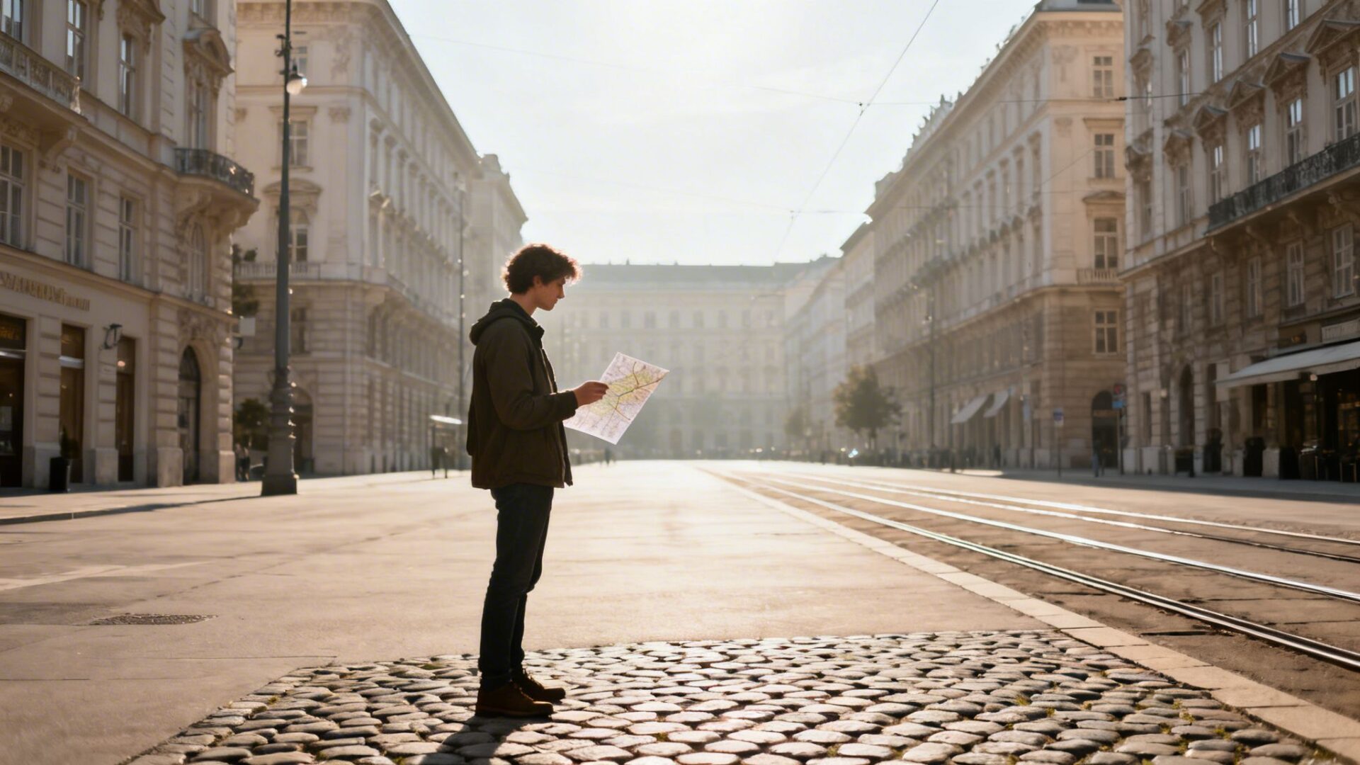 Young man looking at a map on a sunny cobblestone street lined with grand buildings.