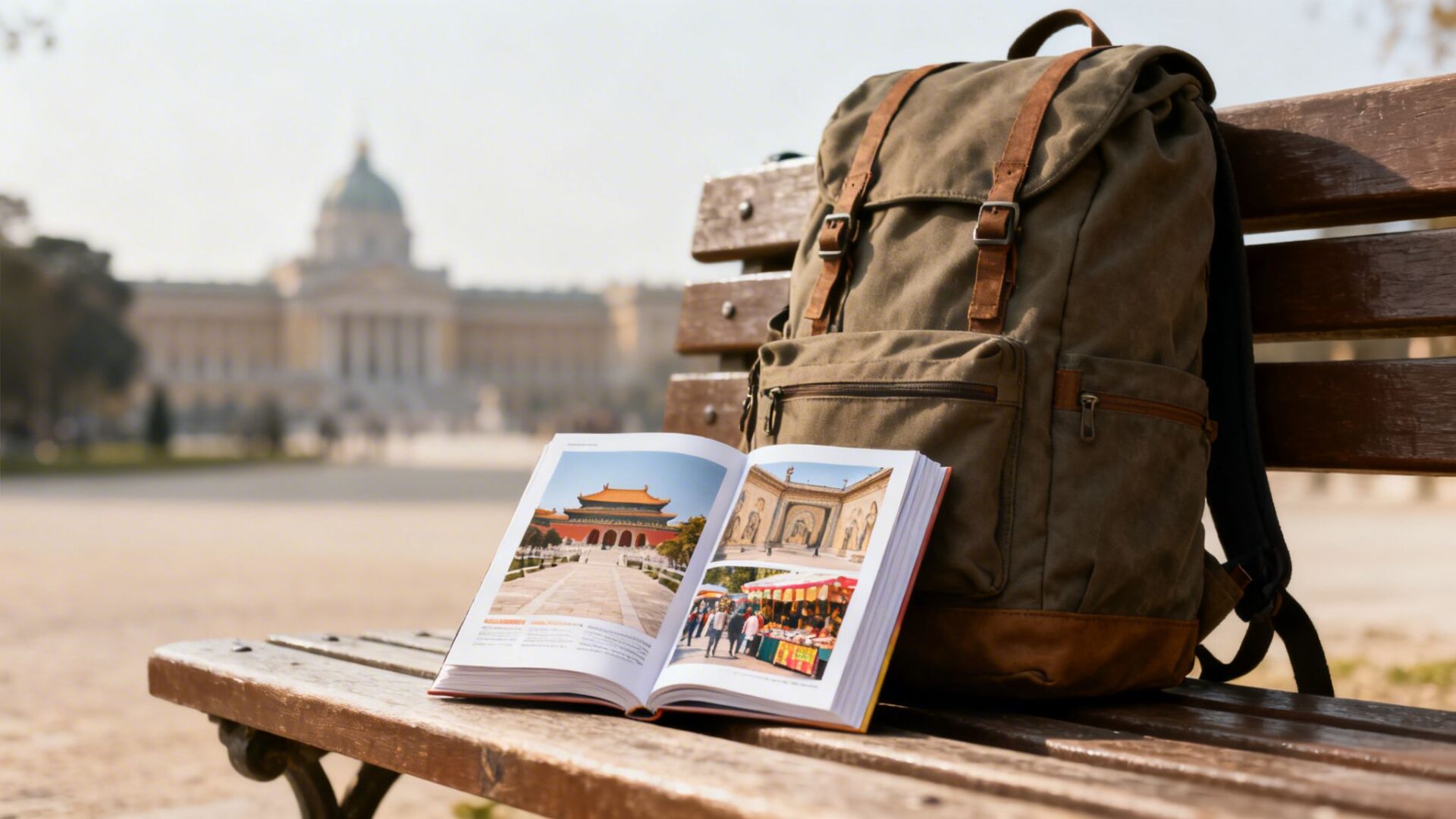A travel backpack and an open guidebook featuring international landmarks on a wooden bench.