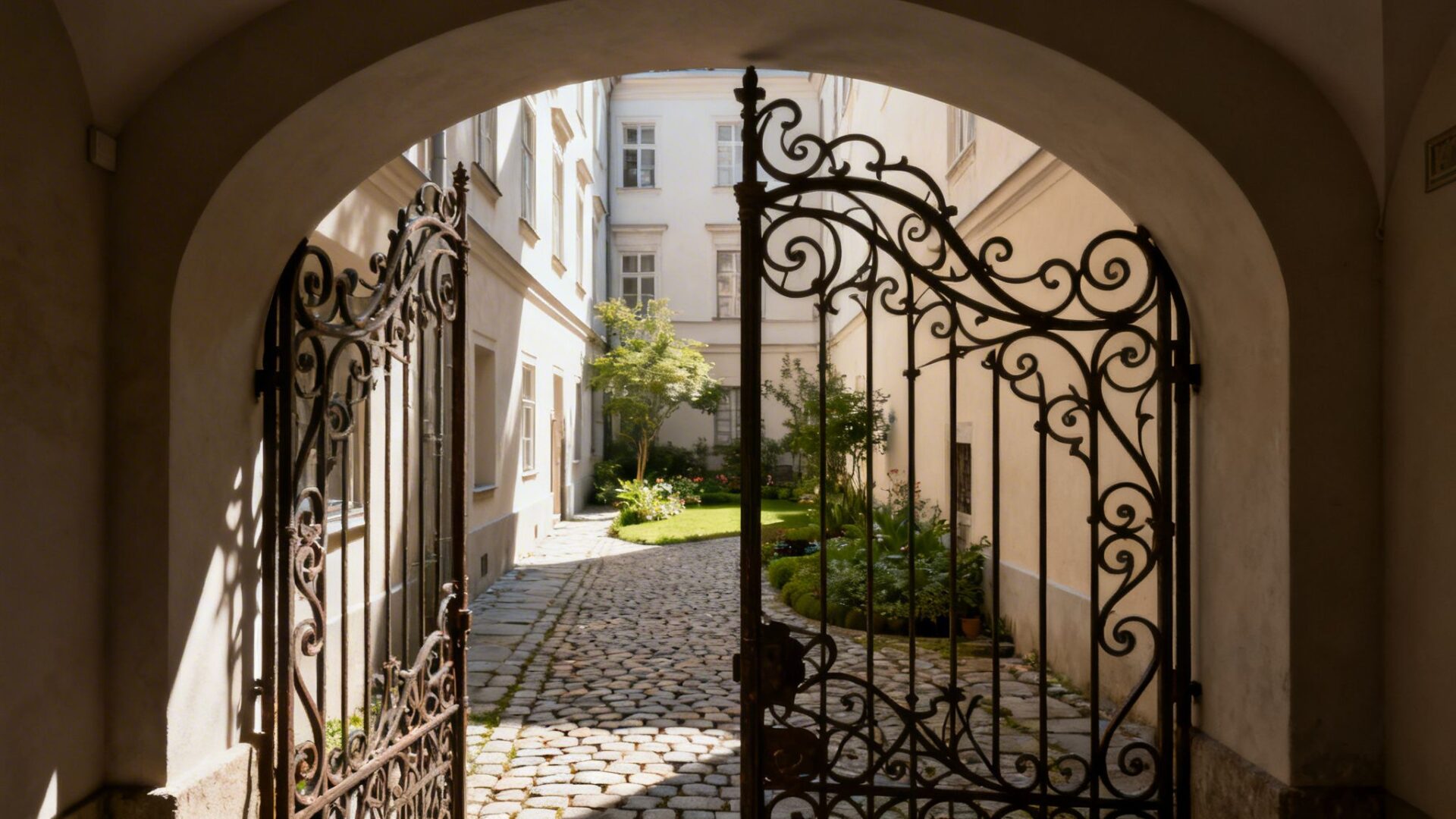 An ornate open iron gate provides a welcoming entrance to a bright, green cobbled courtyard.