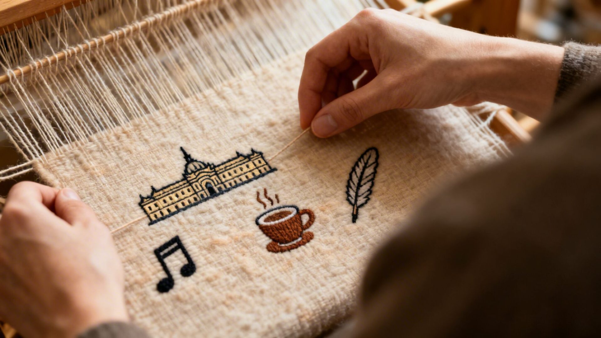 Close-up of hands embroidering symbols of a building, coffee, music, and quill on a loom.