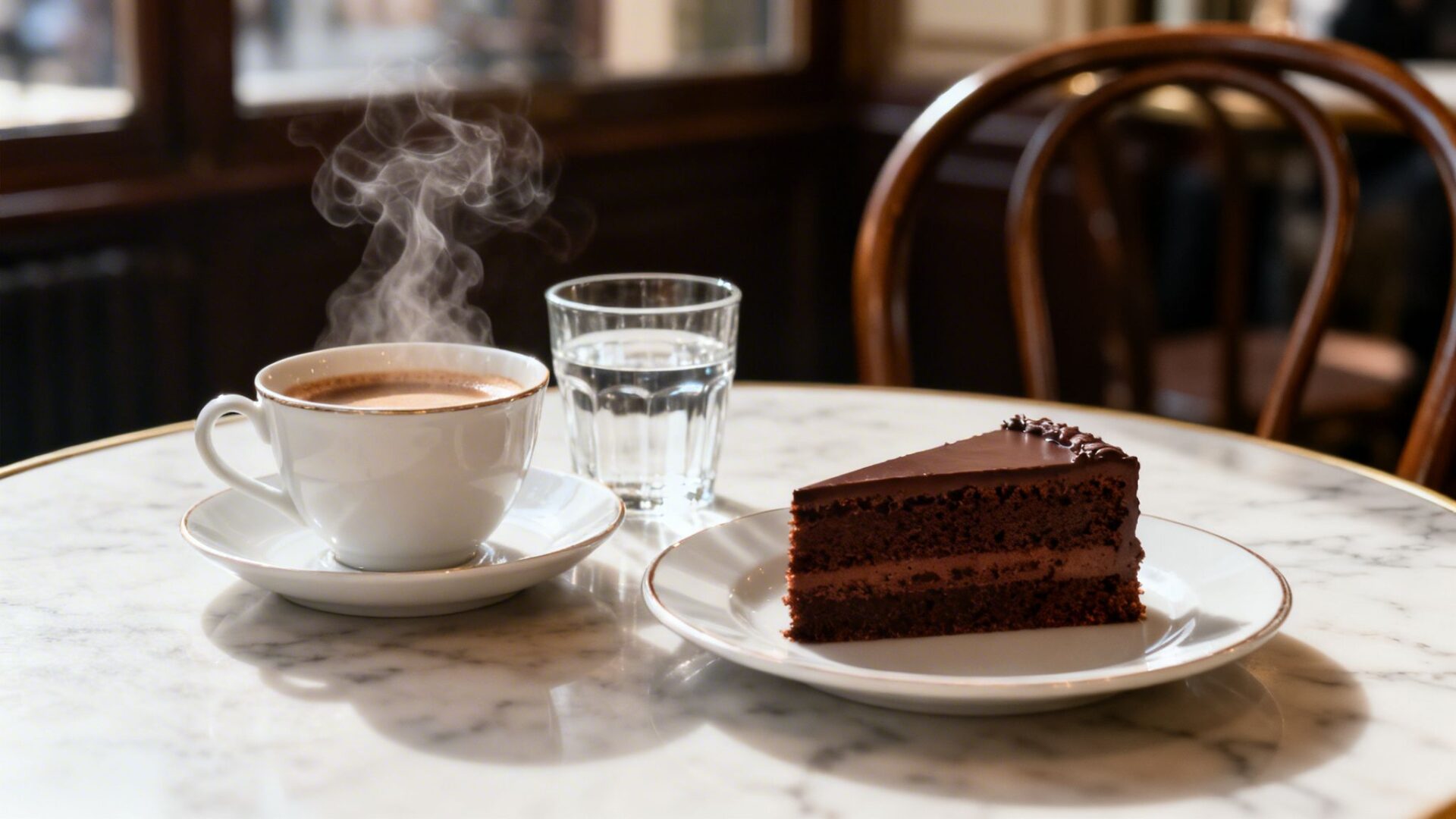 A steaming cup of coffee, a glass of water, and a slice of rich chocolate cake in a cafe.