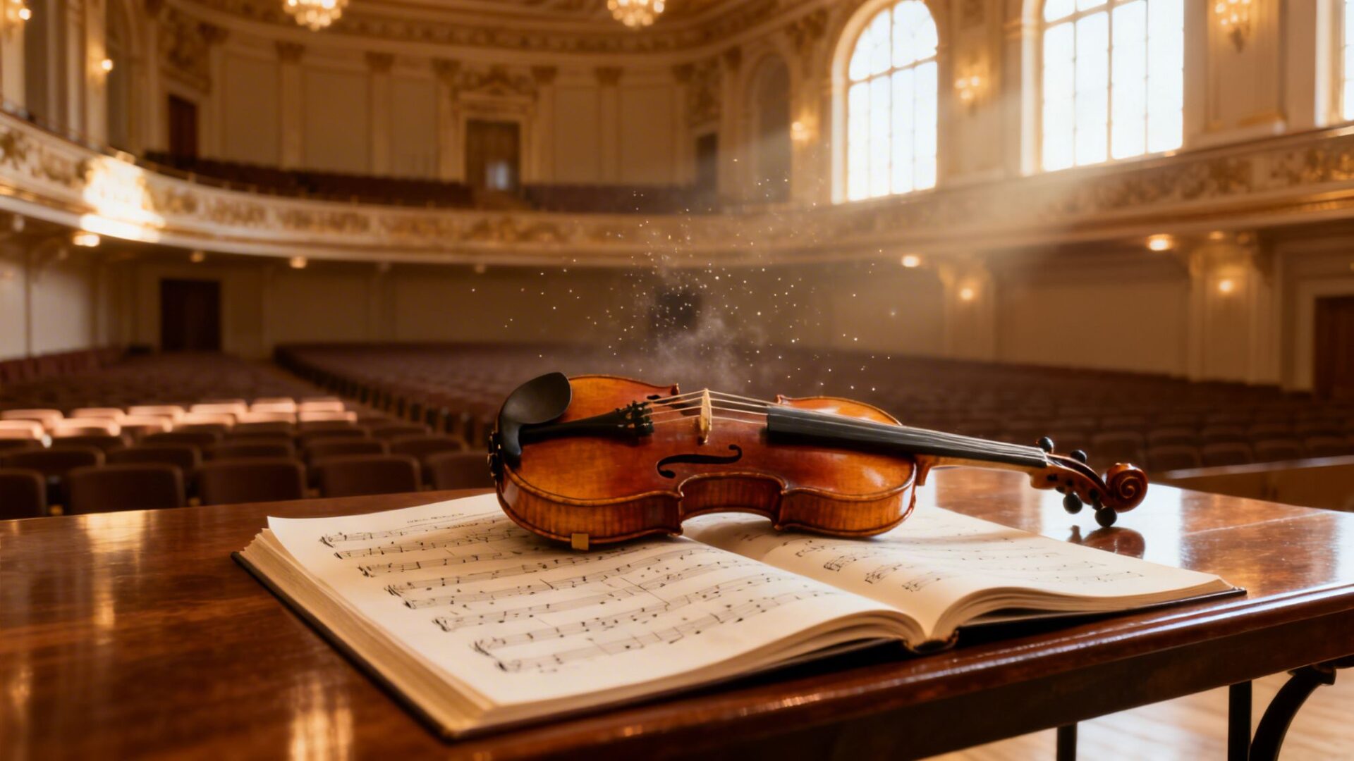 A violin and sheet music rest on a wooden table in an empty, sunlit grand concert hall.