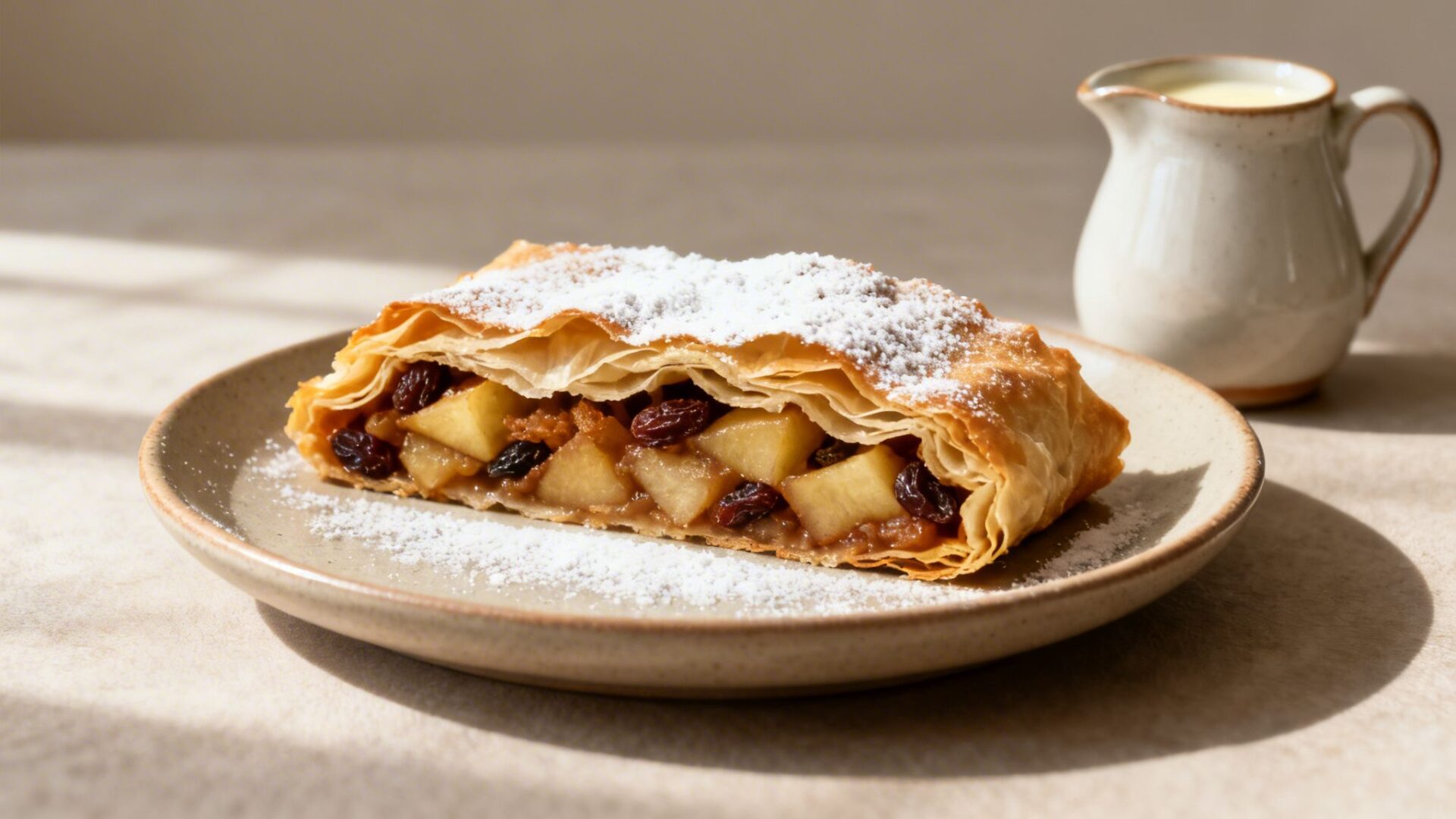 A delicious slice of apple strudel, topped with powdered sugar, served on a plate with cream.