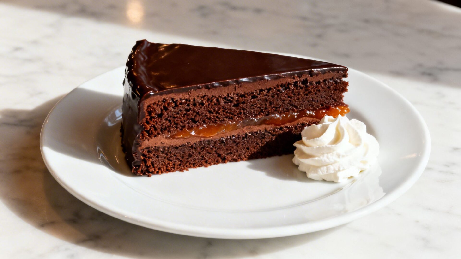 A delicious Sacher Torte, a classic Austrian chocolate cake with apricot jam, served with whipped cream.