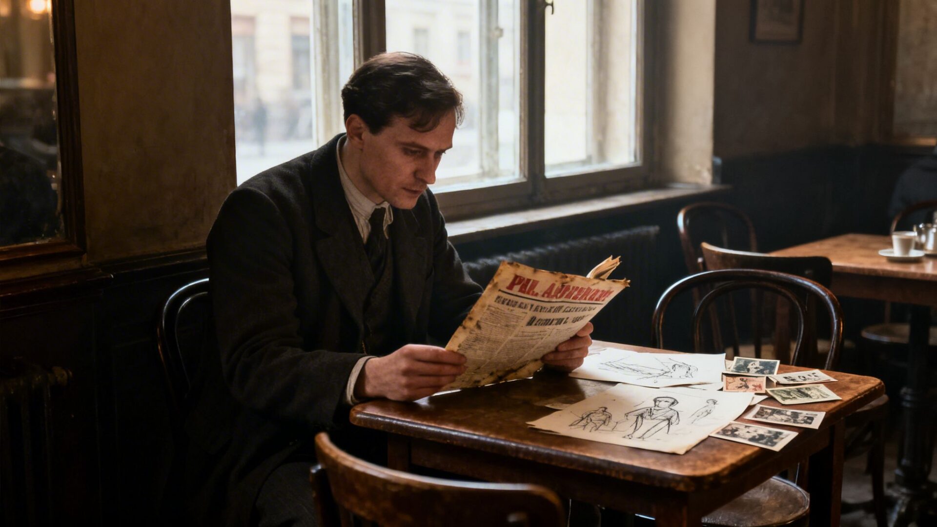 A man in a cafe reads an old newspaper, surrounded by sketches and photographs on a wooden table.