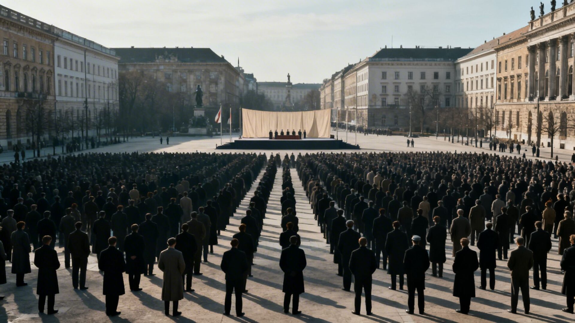 A vast crowd of people in dark attire gathered in a large city square facing a stage with officials, surrounded by historic buildings.