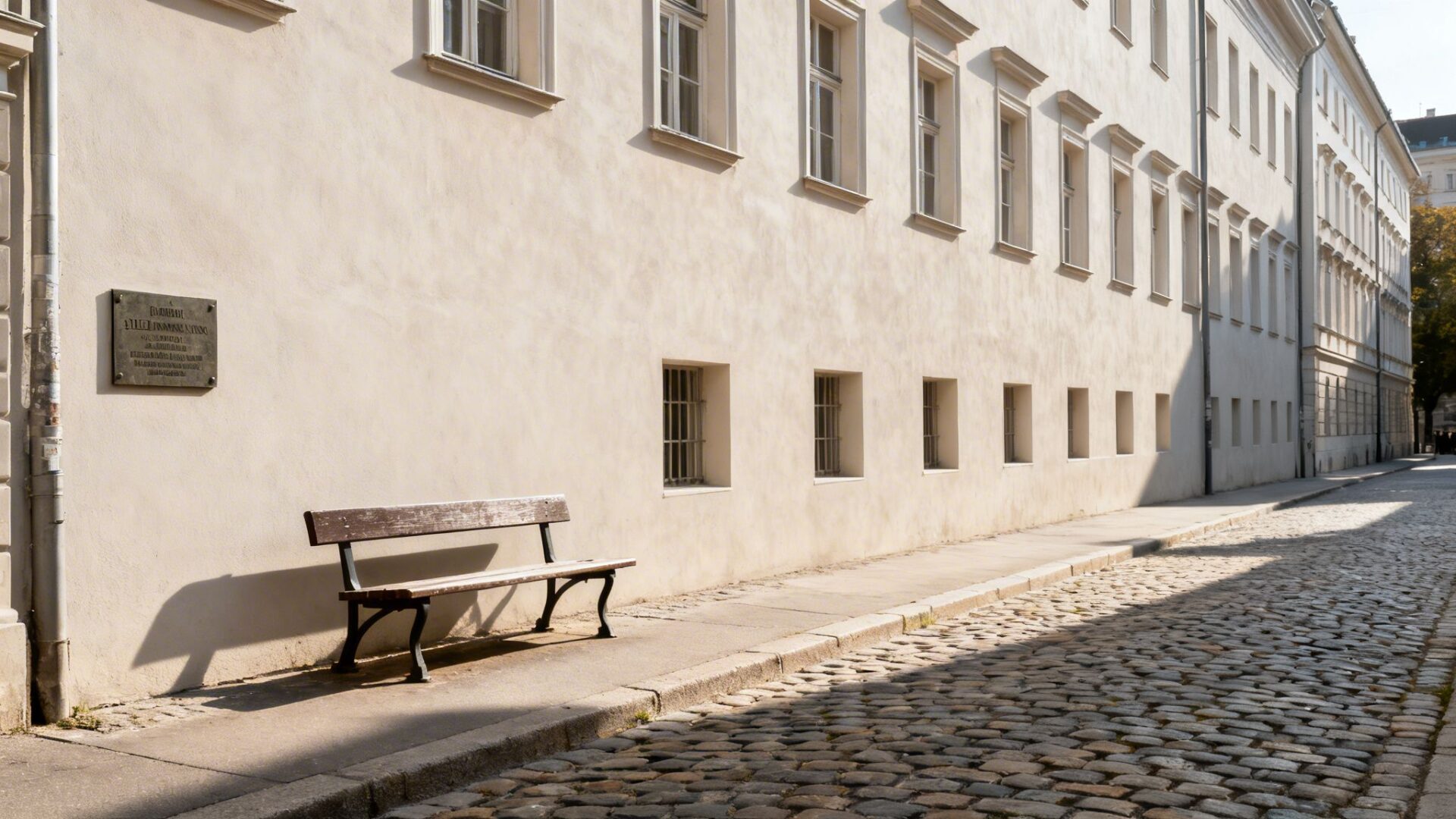 A historic street in Vienna with a light building, bronze plaque, wooden bench, and cobblestones.