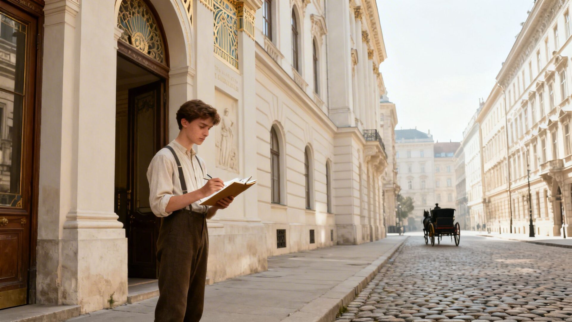 A young man in vintage attire writes in a notebook on a European street with a horse-drawn carriage.
