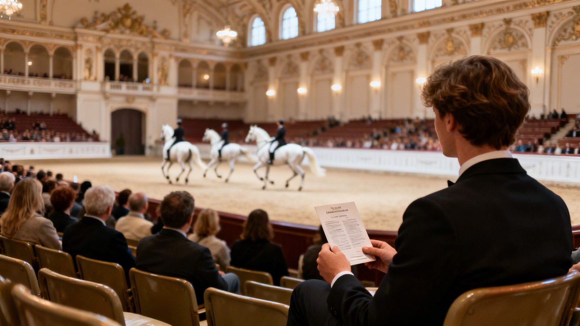 A man in a suit watches a lipizzaner horse show in an ornate indoor arena, holding a program.