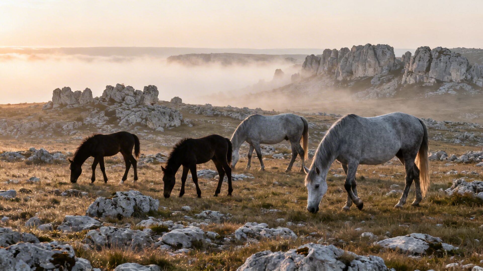 Four horses, two adults and two foals, graze in a misty, rocky field at sunrise.