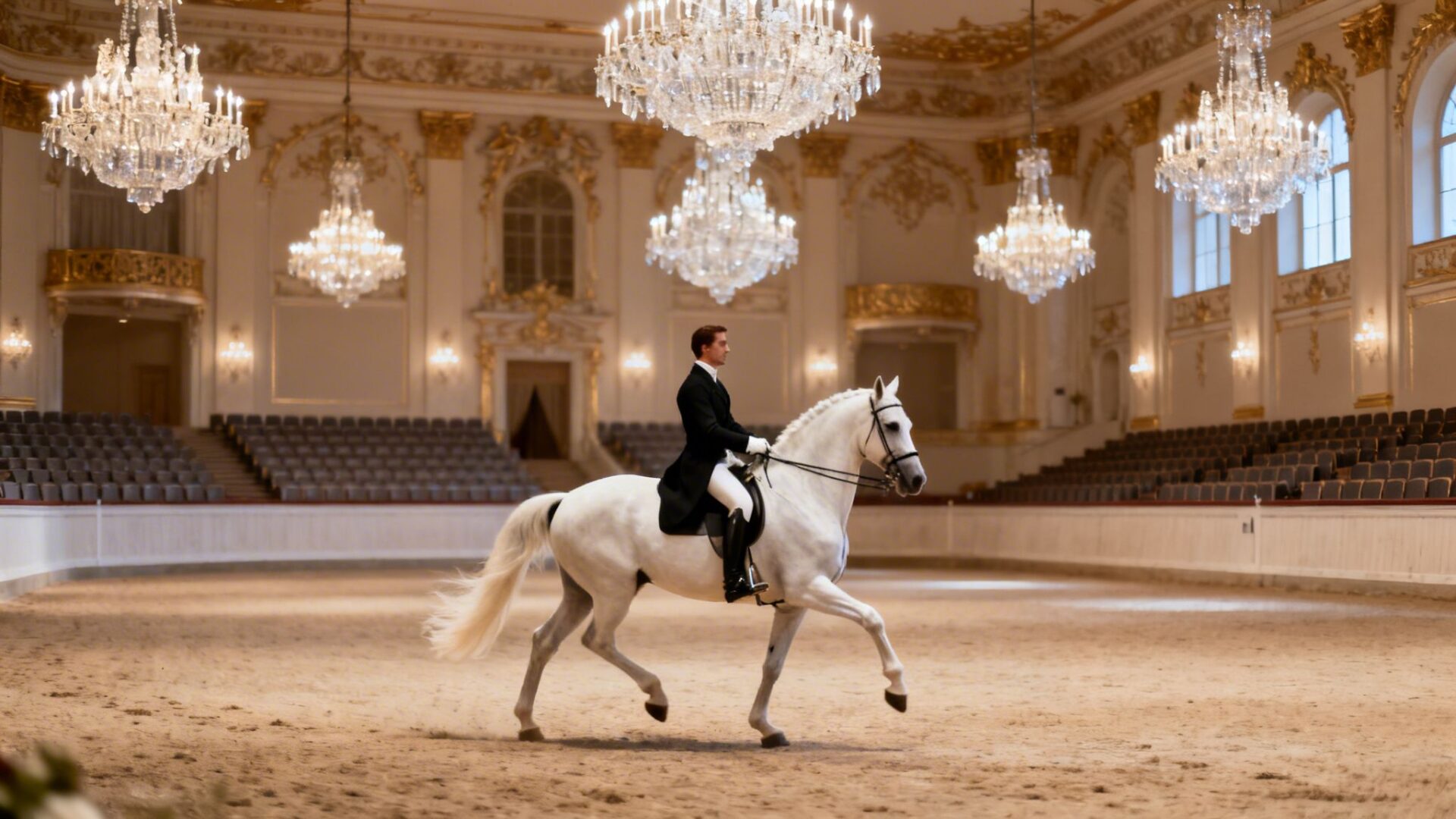 A rider on a majestic white Lipizzaner horse performs dressage in a grand, ornate indoor arena.