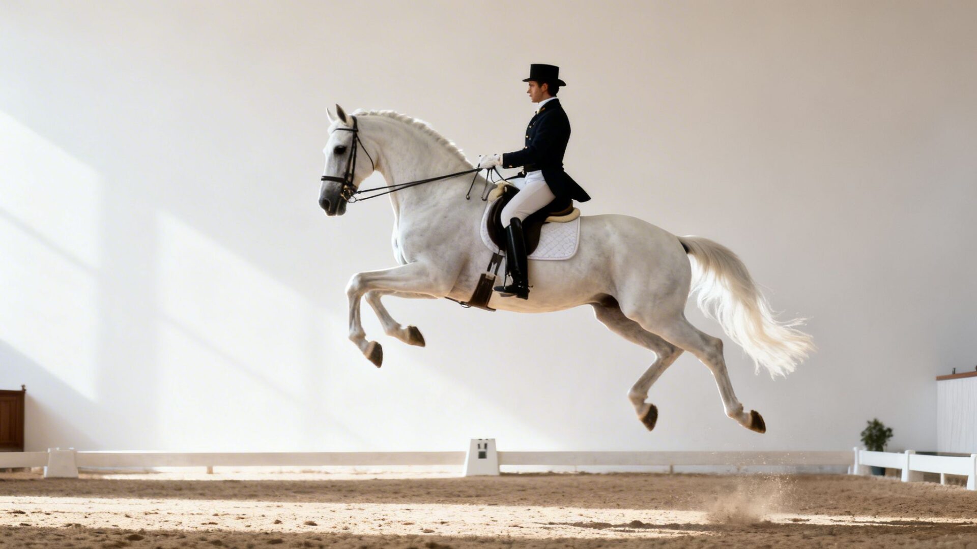 A rider in formal dressage attire on a majestic white horse performing a jump in an indoor arena.